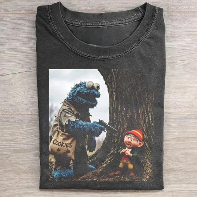 Blue Monster and Forest Elf Edgy T-shirt Heavyweight Cotton Graphic Funny Tee