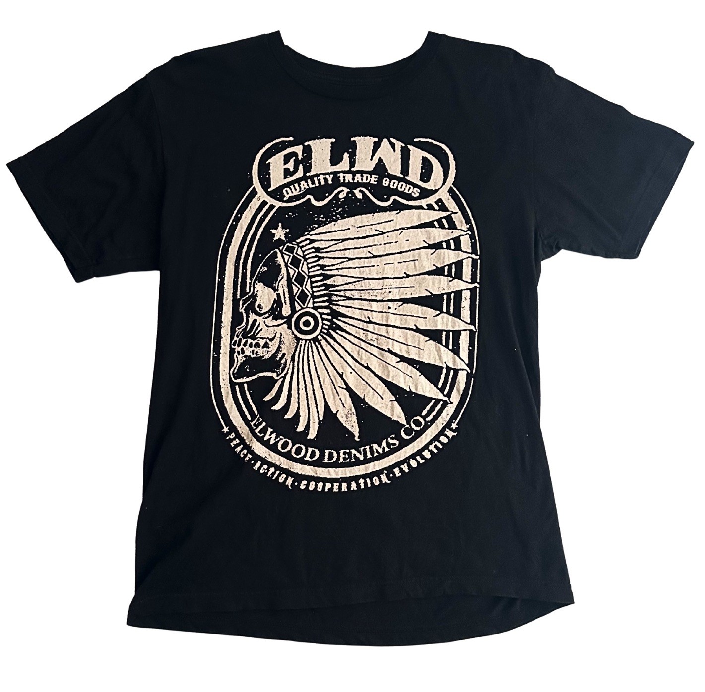 Elwood Denim Skull Headdress Graphic Tee Black Streetwear Skate Shirt Mens M