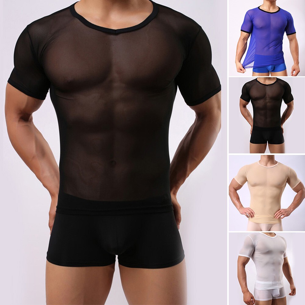 Fit T-Shirt Men Short Sleeve Top Tee Gym Stylish Short Sleeve Mesh Sheer Muscle