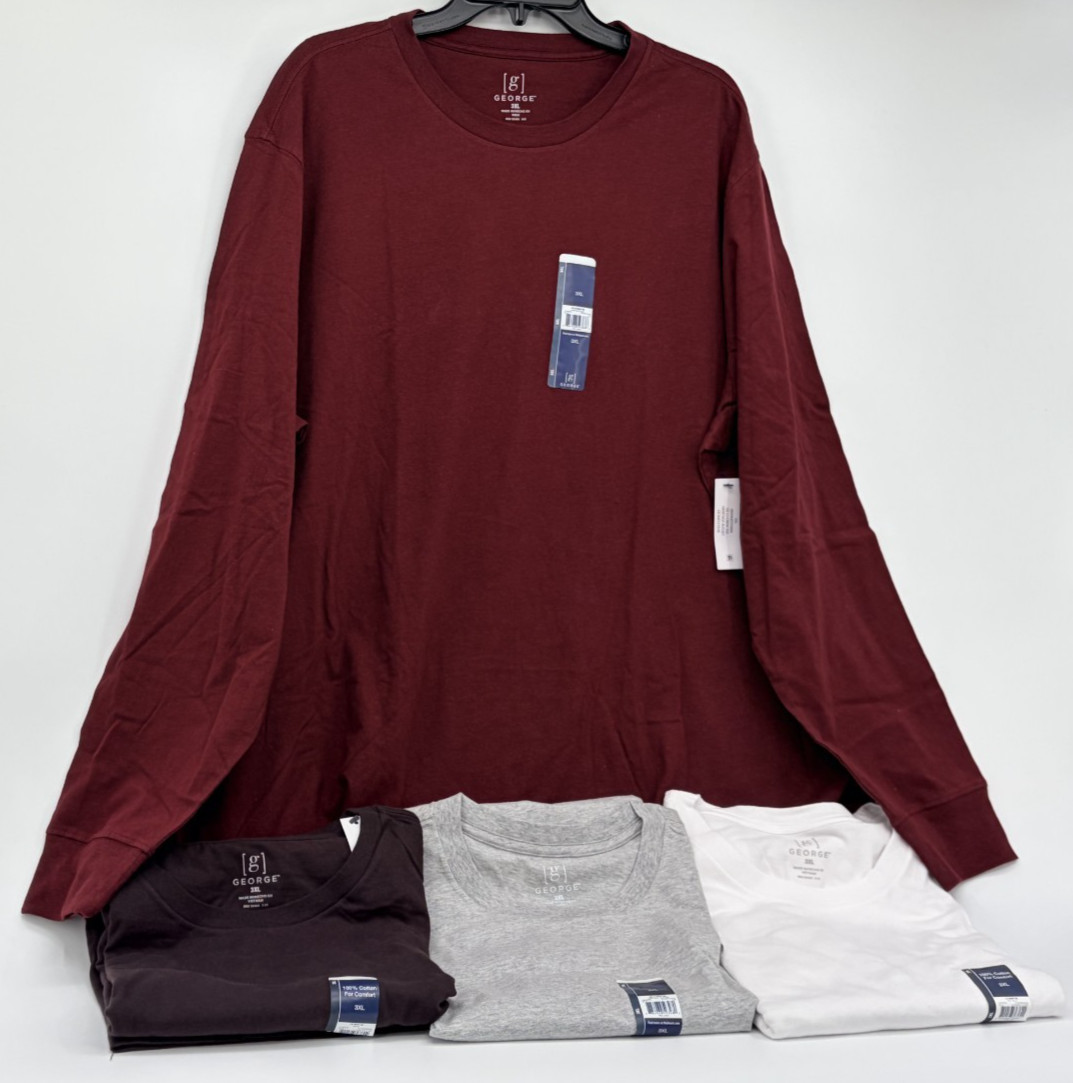 George Mens Long Sleeve Crew Neck Easy Care Causual T-shirts Cotton Lot of 4 3XL