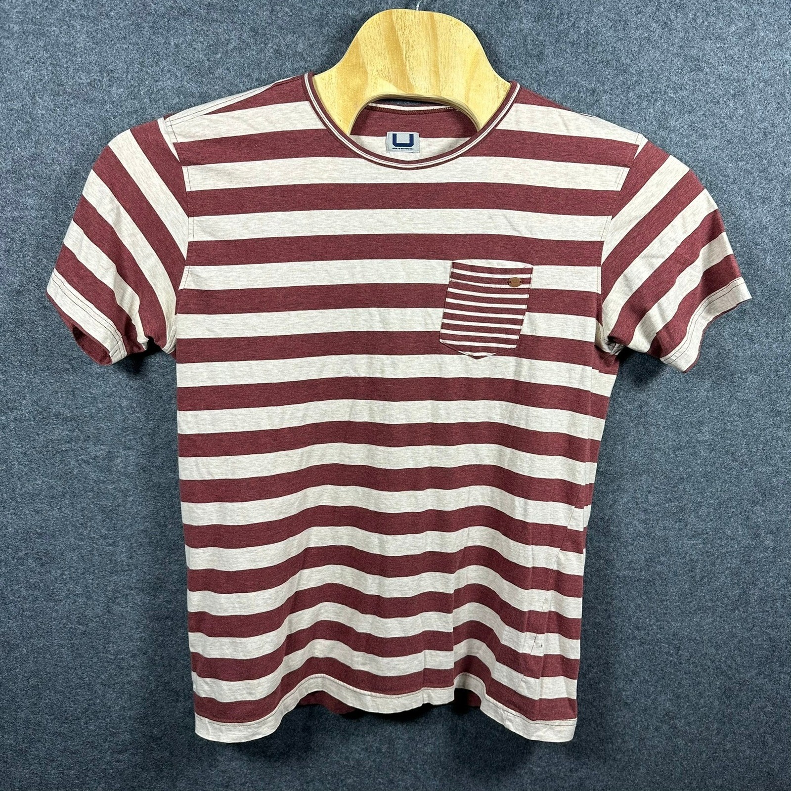 Adolfo Dominguez Mens Striped Pocket T-Shirt Red White Large Short Sleeve
