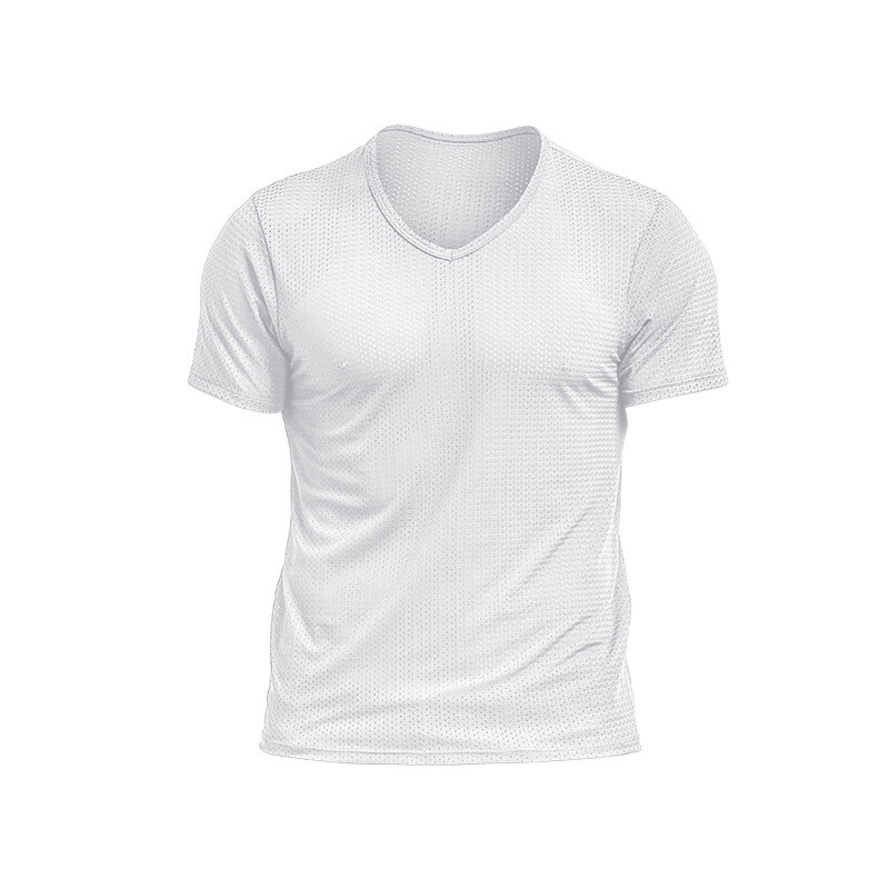 Men’s Short Sleeve Ice Silk Top Tee T-Shirt Mesh Tagless V-Neck Breathable