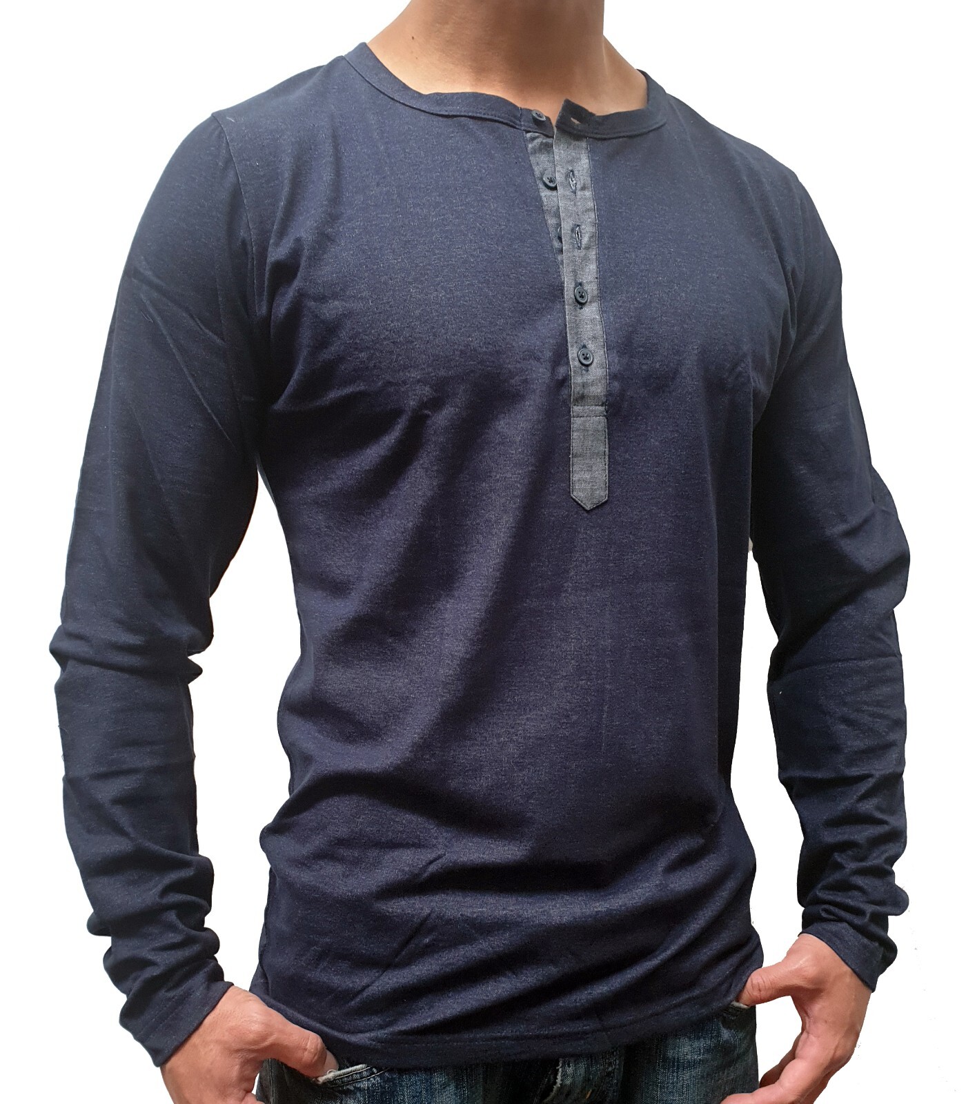 MENS LONG SLEEVE HENLEY T SHIRT SLIM GRANDPA SIZE S M L XL XXL CASUAL