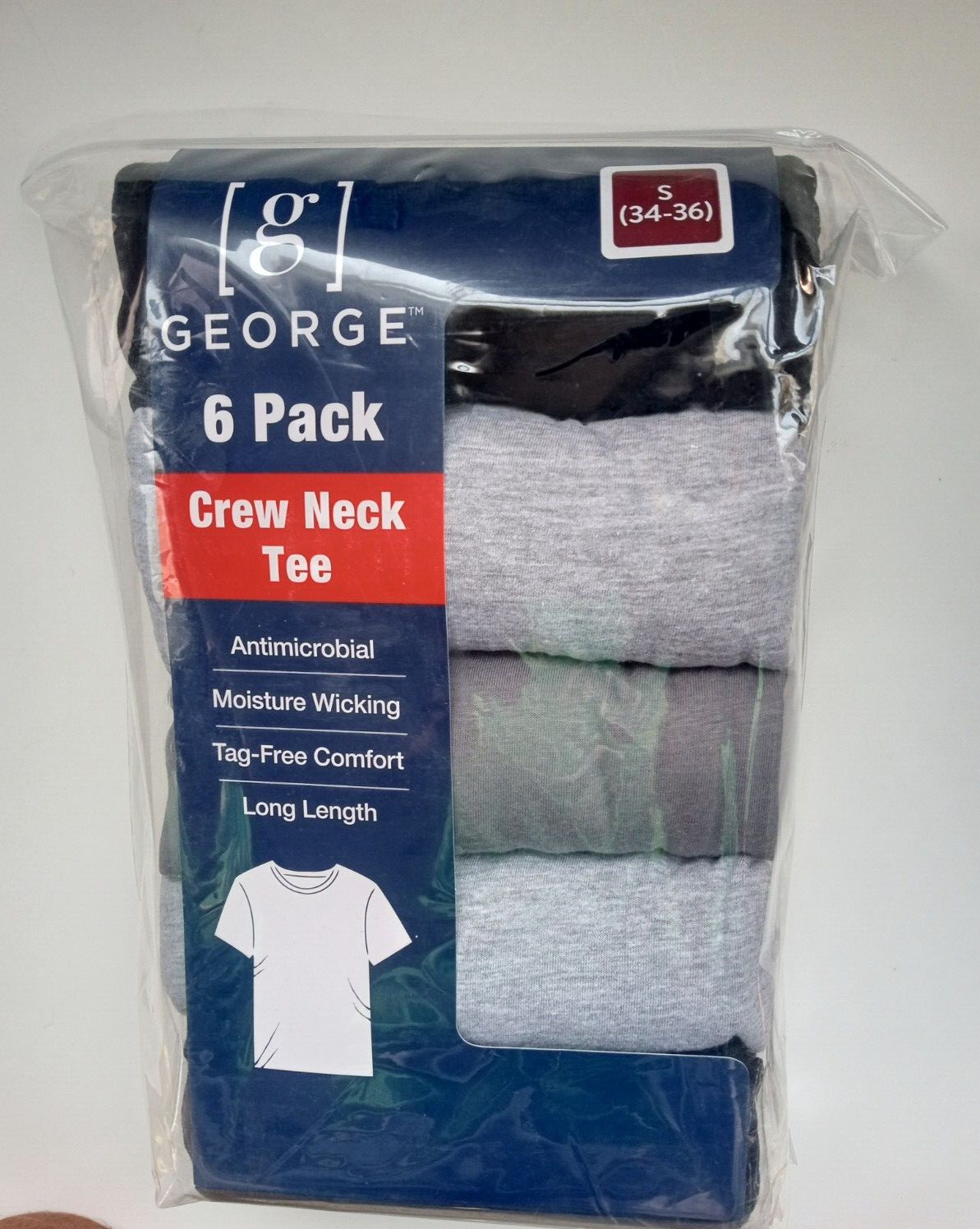 George Mens Crew Neck T-Shirts 6 Pack, Tag Free Sz Small BLACK GREY Long Length