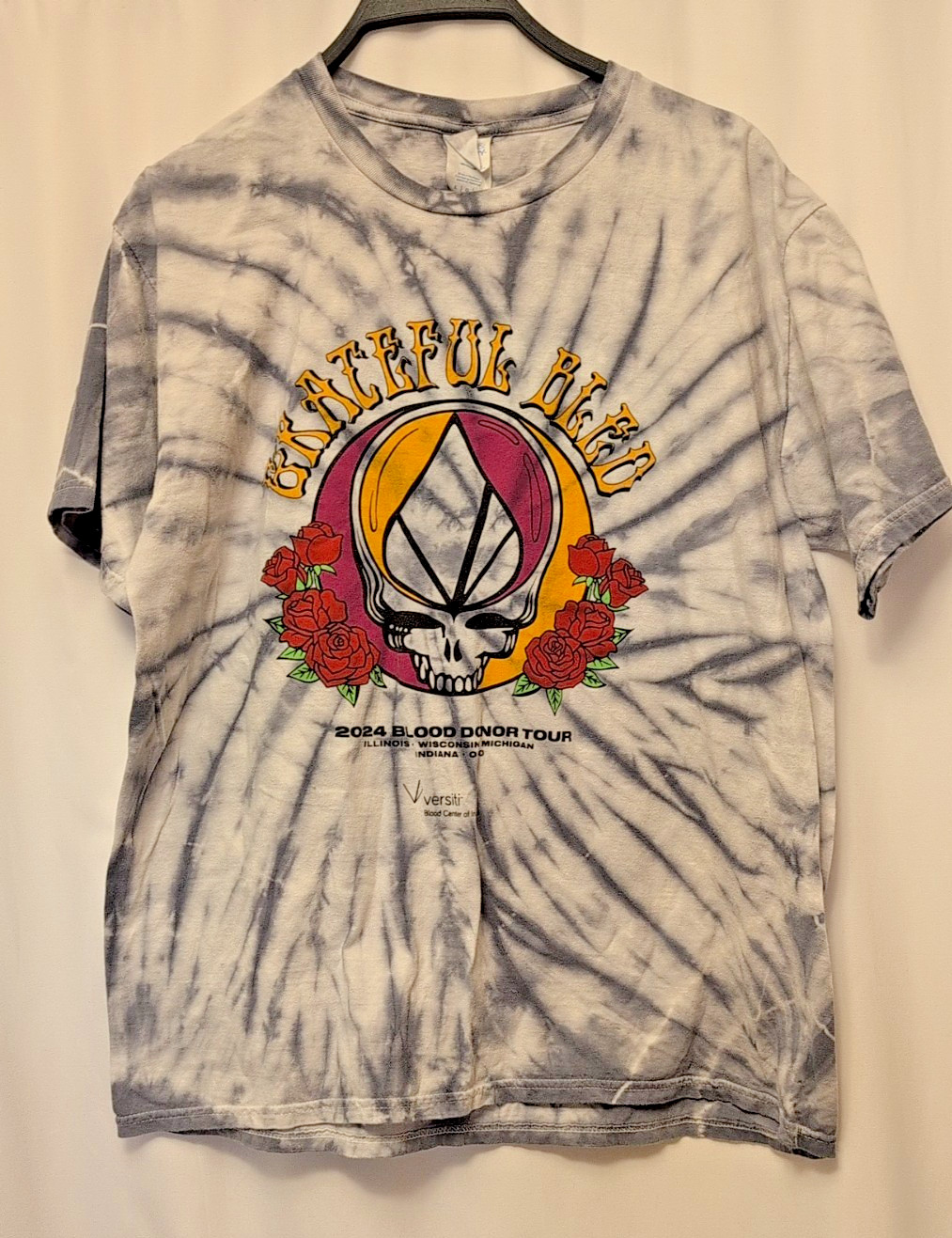 Rare 2024 L Grateful Dead GD Bled blood donor tour tie dye gray frnt graphic
