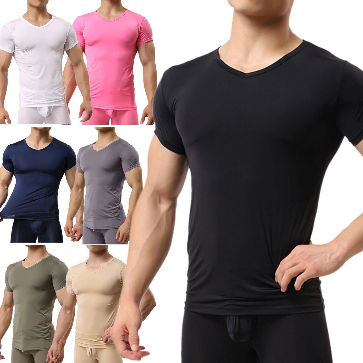 Mens Sport Gym T-Shirt Sexy Muscle Tops Fitness Short Sleeve Tee V-Neck Tights