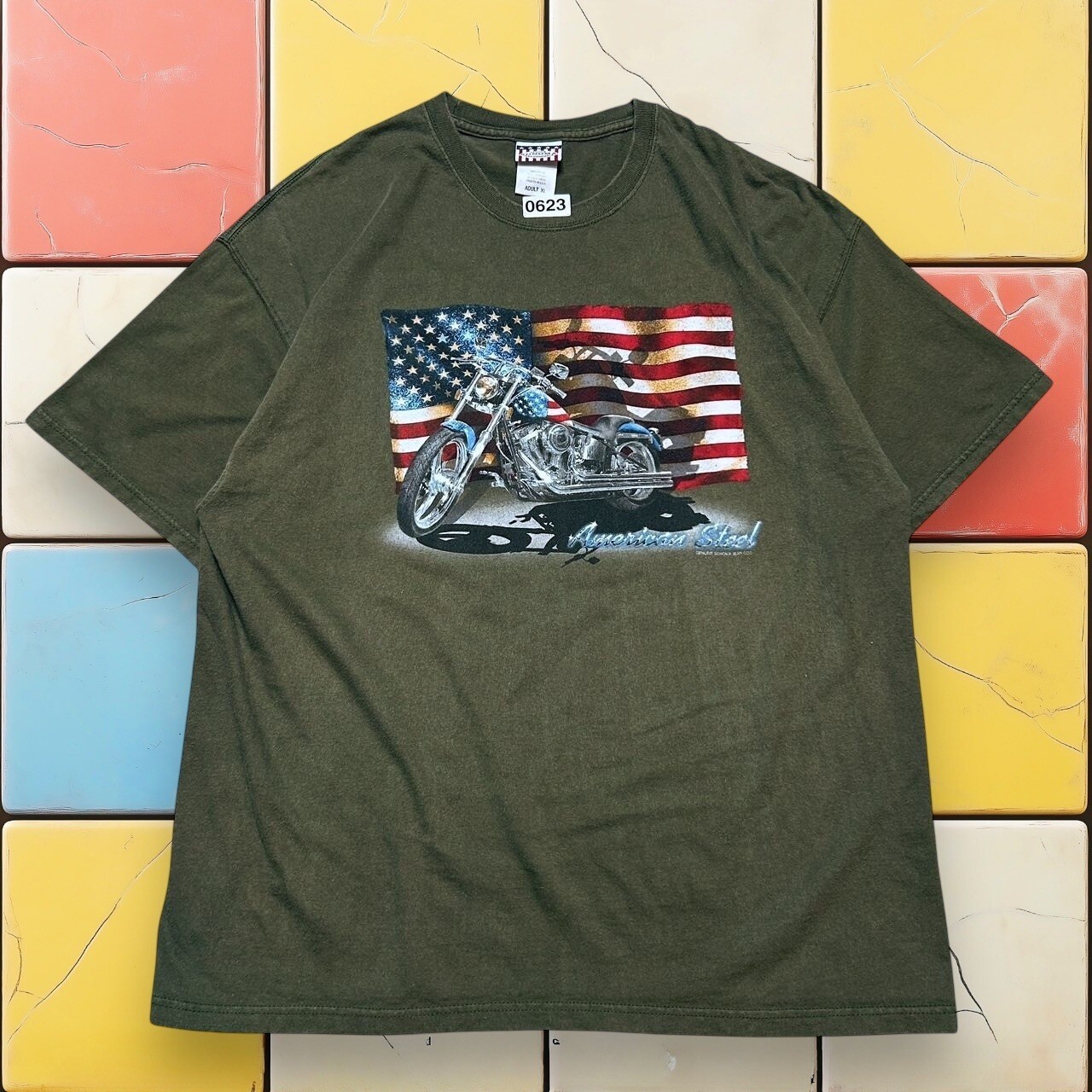 Vintage Y2K American Flag Motorcycle T-Shirt Men XL Biker Sonoma Grunge USA Tee