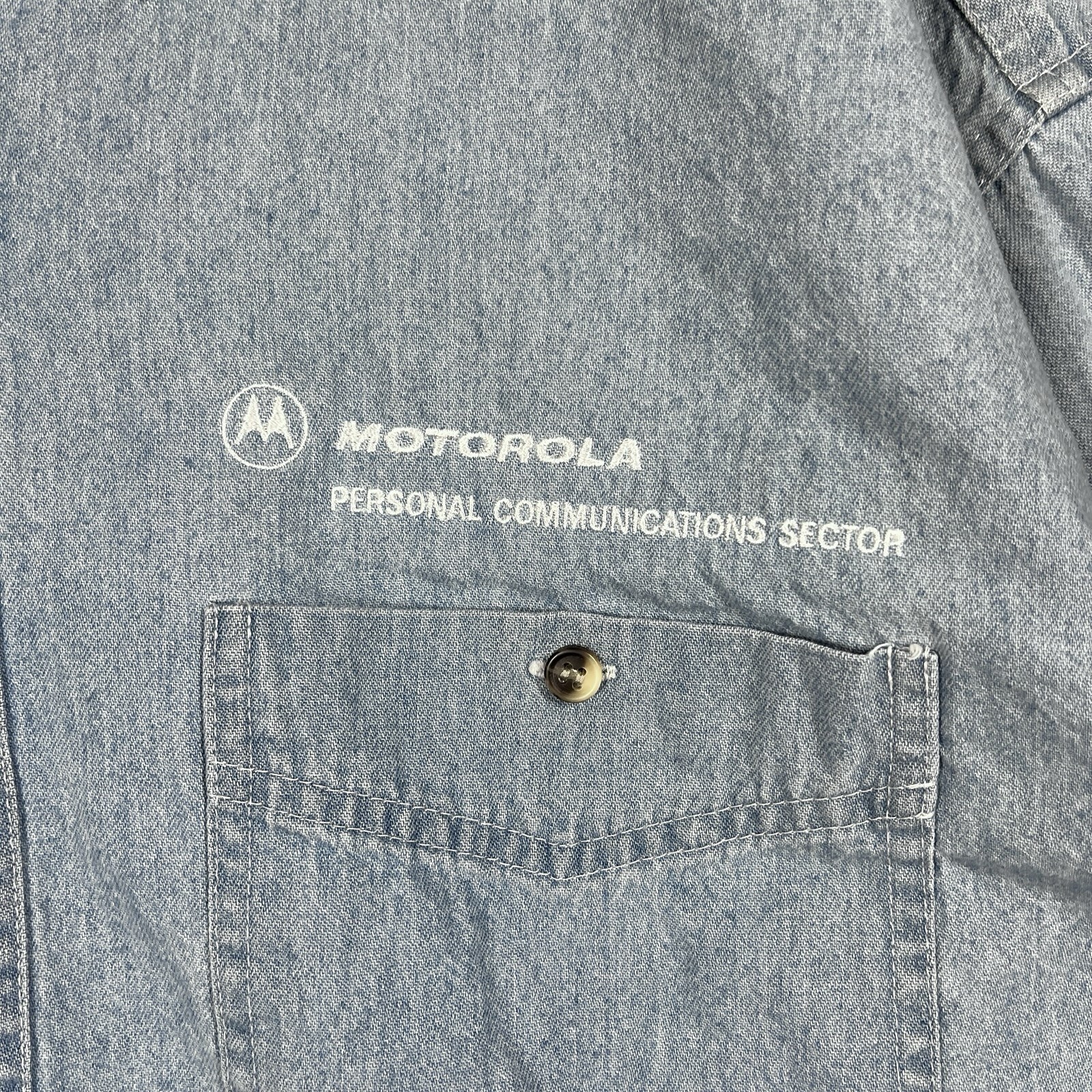 VINTAGE 90s Motorola Employee Shirt Mens XL Denim Chambray Tech Promo Cell Phone