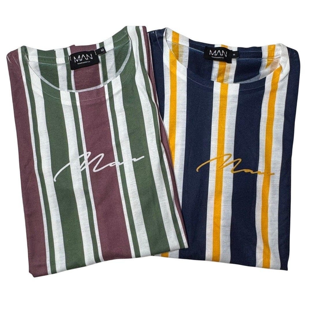 boohooMAN Mens Knit Shirt Bundle Pink Green Navy Yellow Stripe 2 Pack Medium