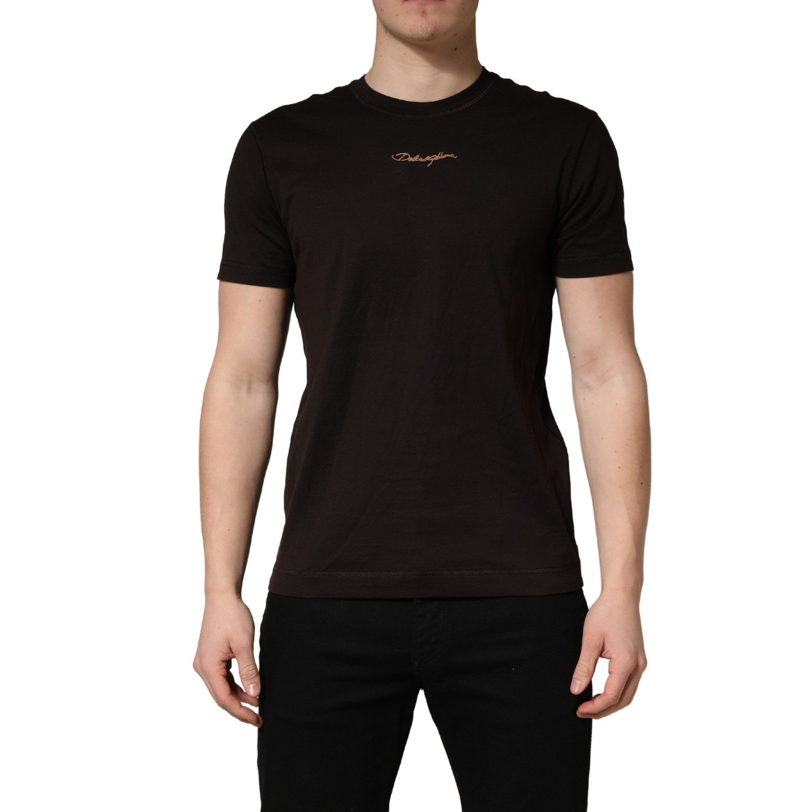 DOLCE & GABBANA T-shirt Brown Logo Embroidered Men Crew Neck IT48/US38/M 600usd