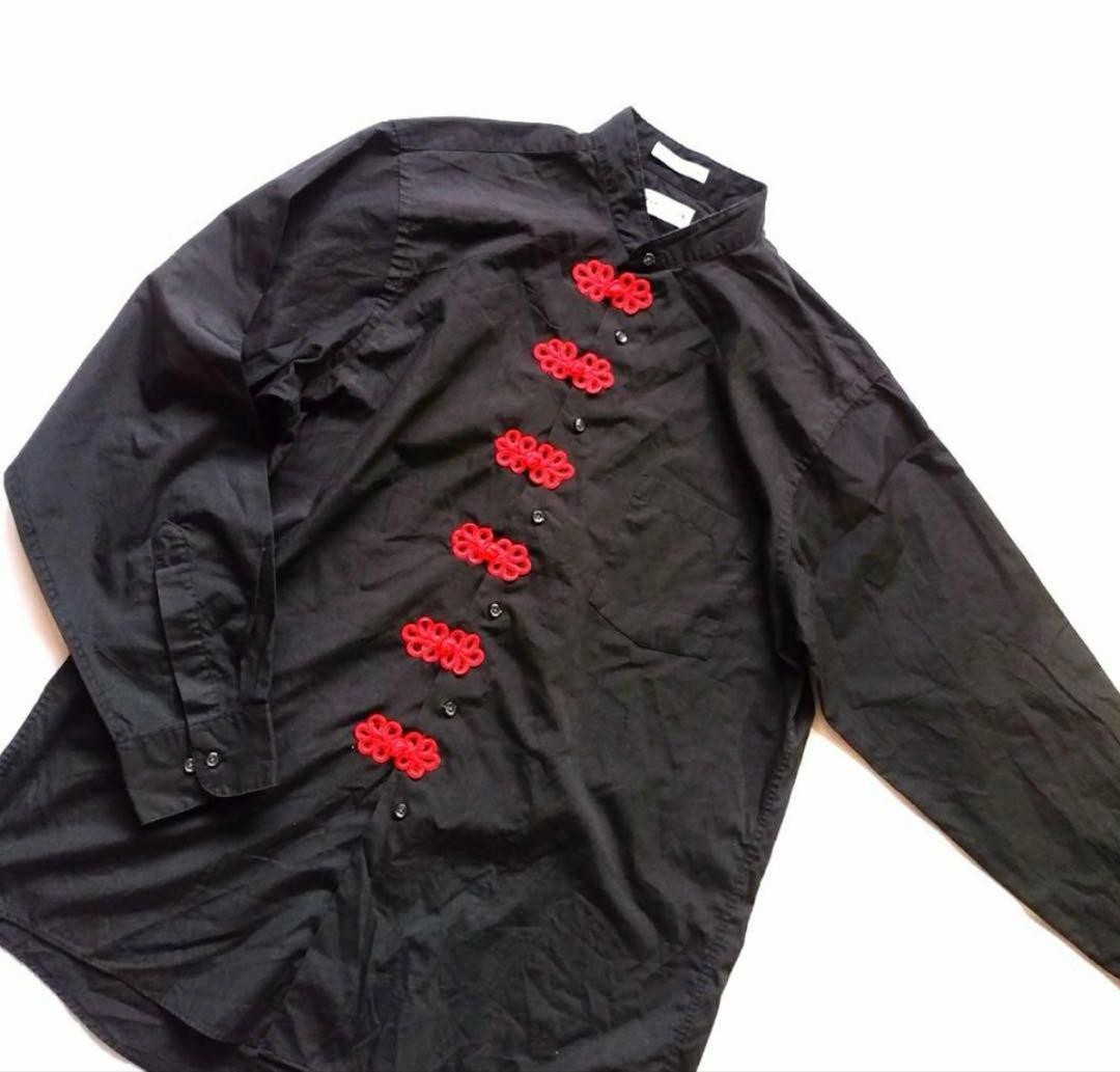 Vintage 90s Mexico Made China Remake Band Collar Shirt Black Red Frog L