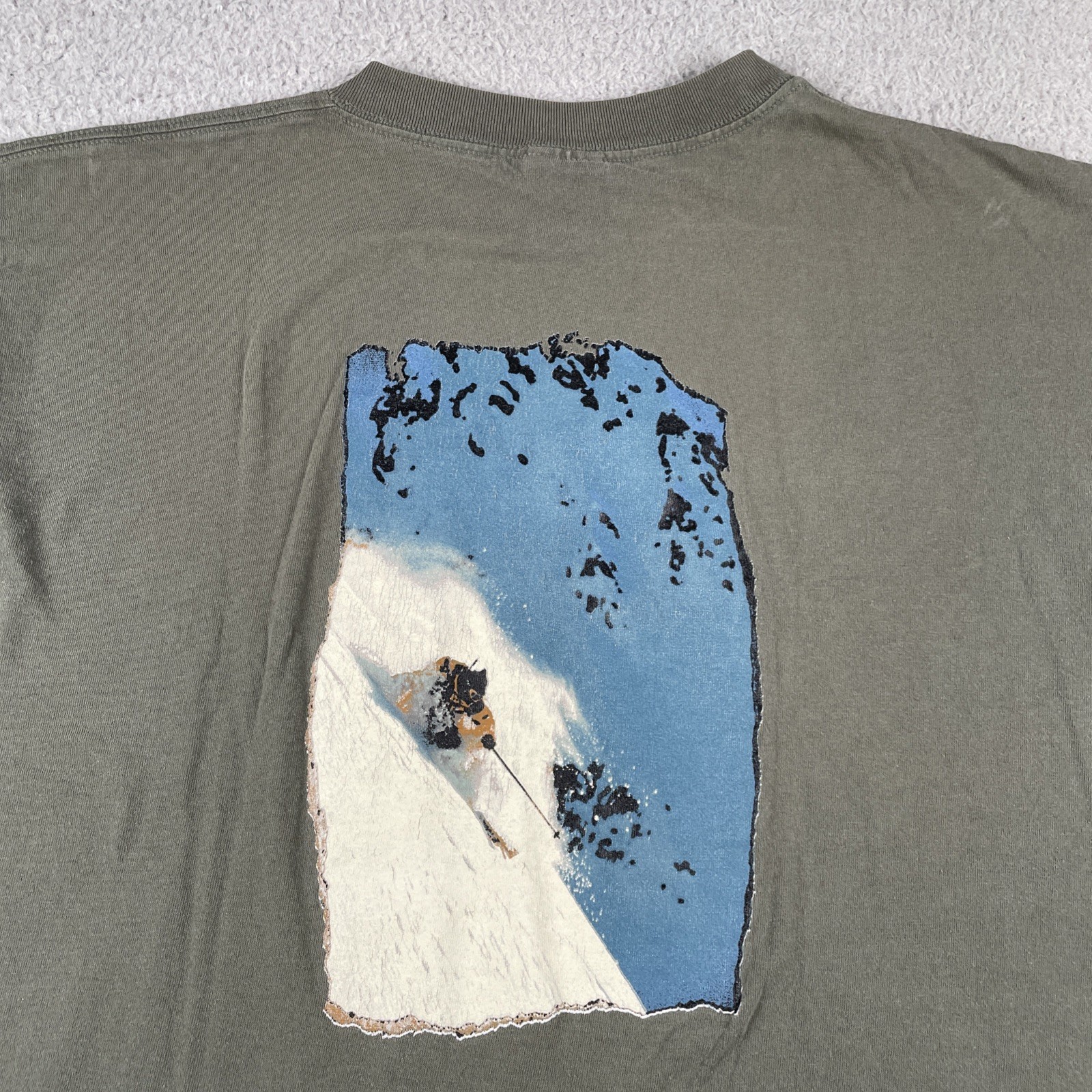 Vtg Tultex Olive Green XL Shirt Live2Play.com Skier Back Graphic Mountain Y2K
