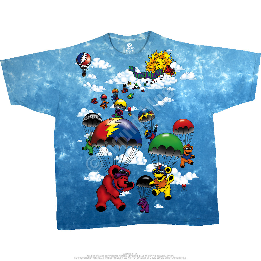 GRATEFUL DEAD-PARACHUTING BEARS-2 SIDED TIE DYE T-SHIRT S-M-L-XL-2X-3X-4X-5X-6X