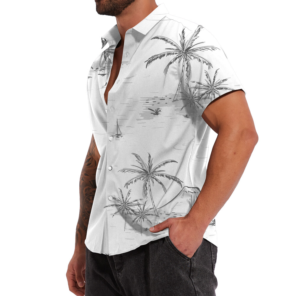 Button Down Shirts Men Black White Hawaiian Dress Short Sleeve Party Up Soft Tee