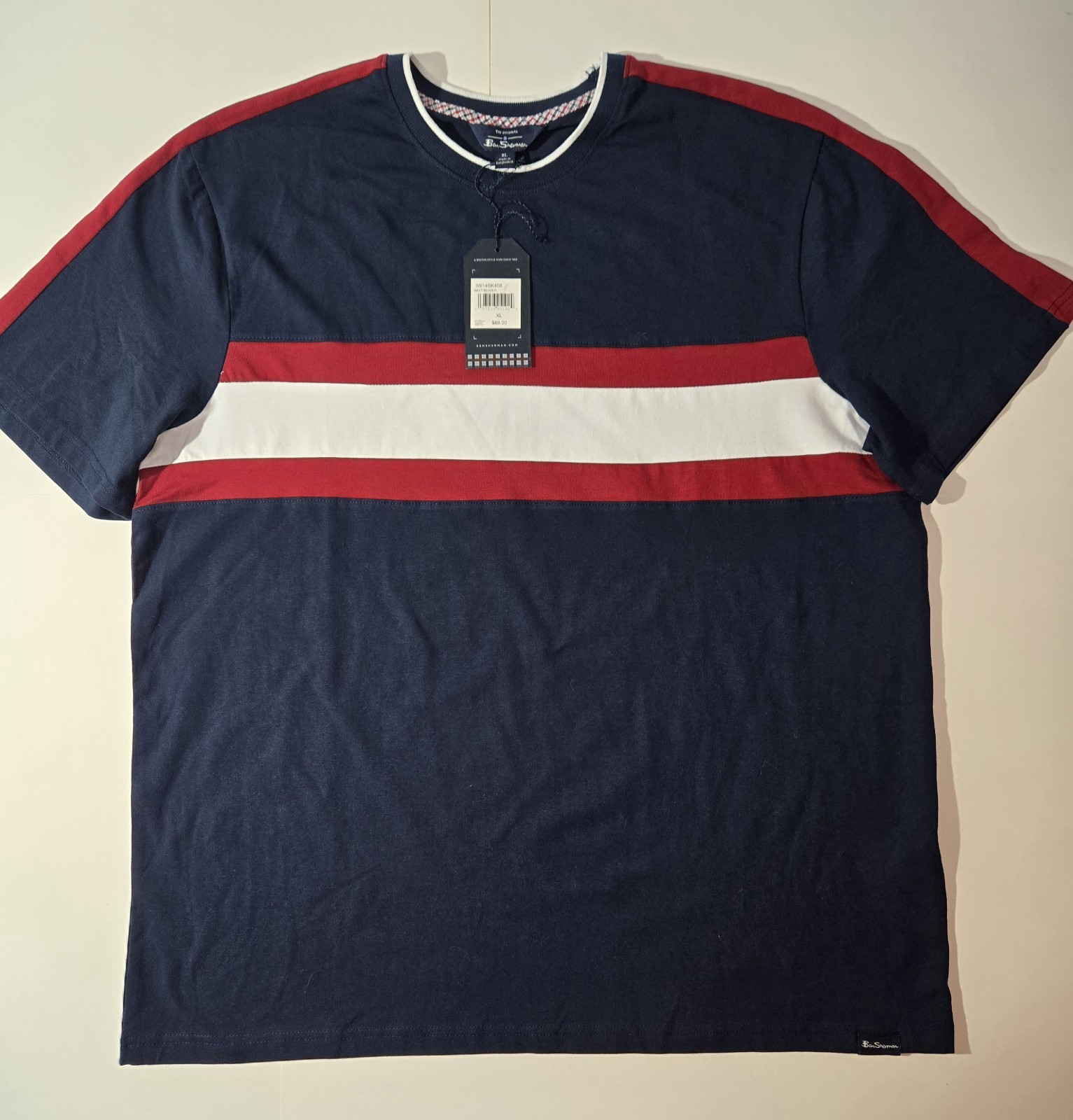 NWT Ben Sherman Shirt Mens XL “Navy Blazer” Crew Neck Stripe Blue Rugby Stretch