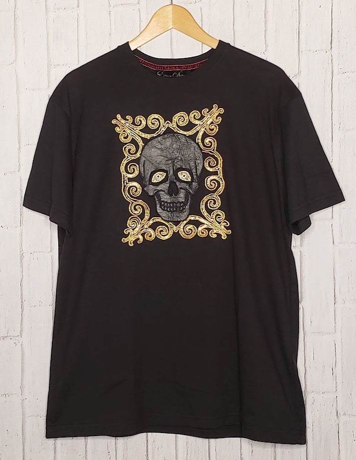 VTG 1990s 90s Y2K Edward Dada Black Leather Applique Skull Embellished Tee Shirt