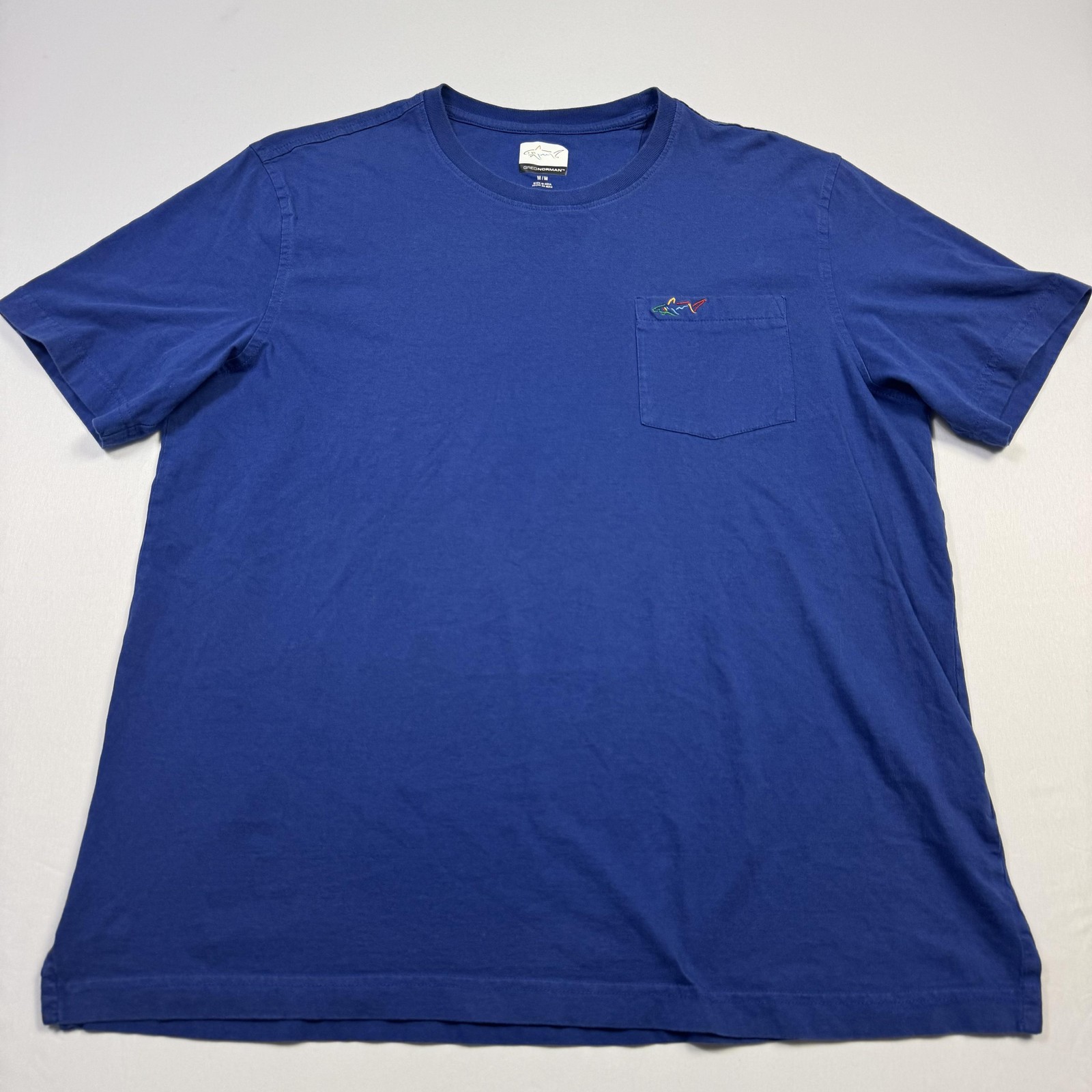 Greg Norman Shirt Mens Medium Blue Pocket Shark Logo Cotton Tee Golf Crewneck