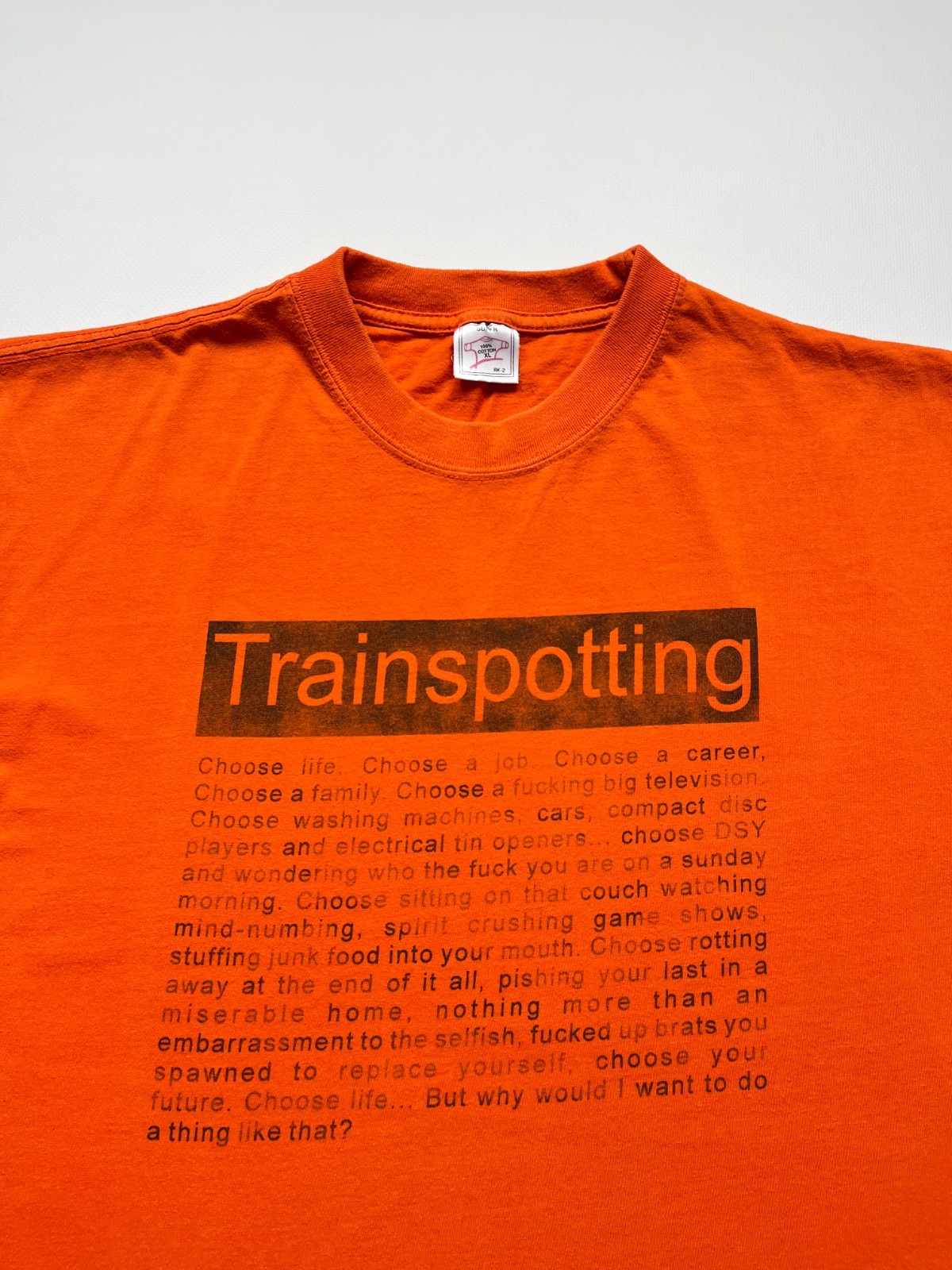 Vintage Trainspotting Choose Life Promo Movie Graphic T-Shirt Orange Size XL