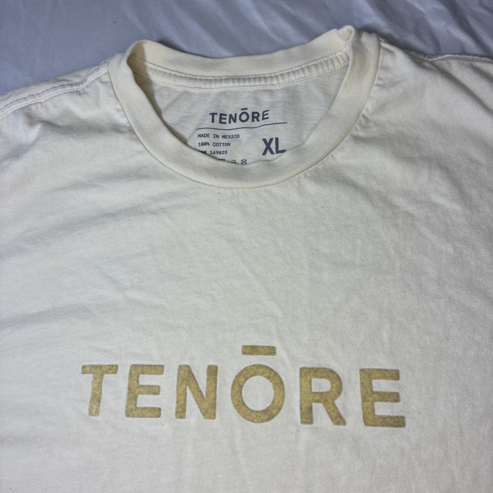 Tenore Woven 100% Cotton Tee Mens XL Cream Velvet Logo Short Sleeve
