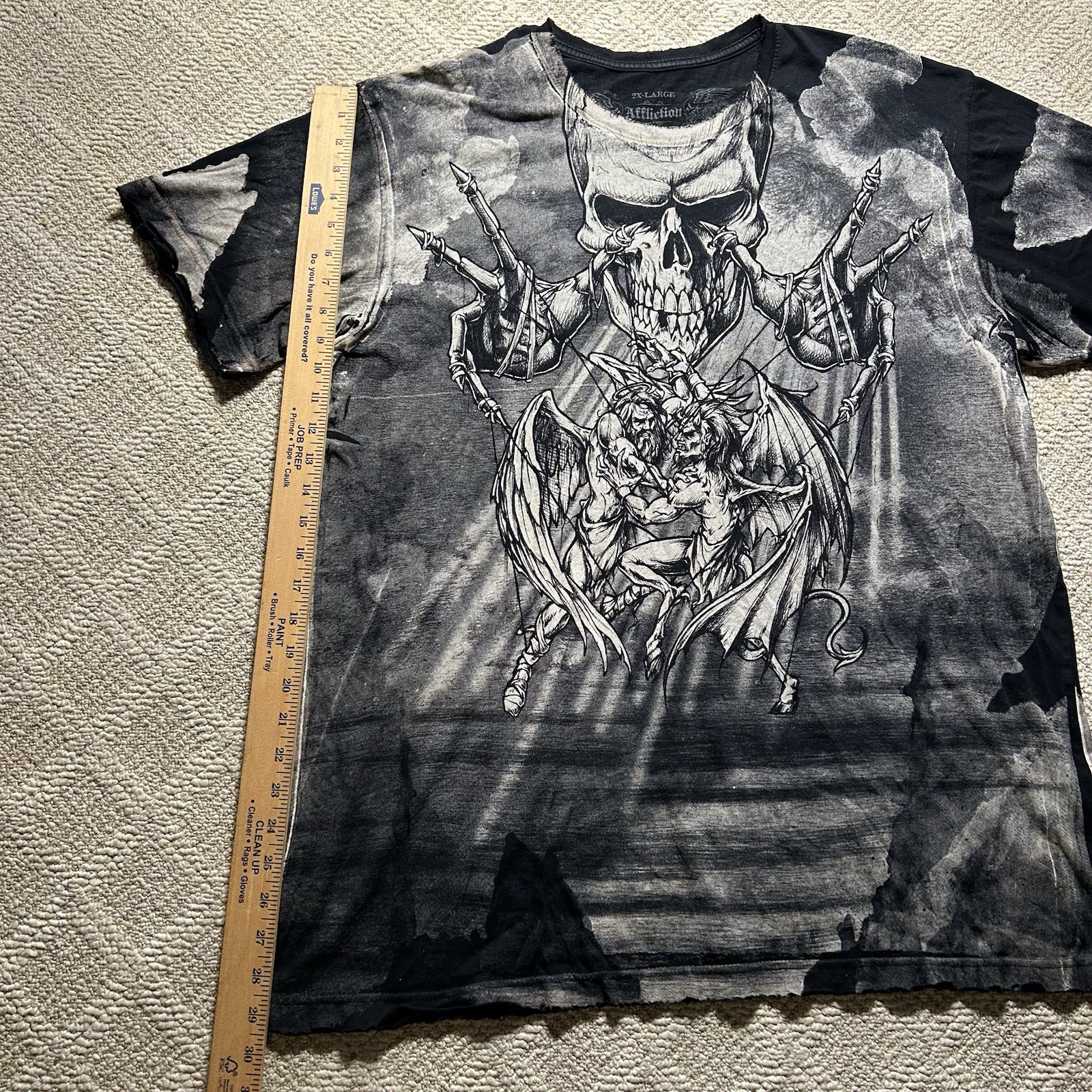 Rare Vtg Affliction Puppet Master God Vs Devil Demon Shirt 2XL Y2K AOP