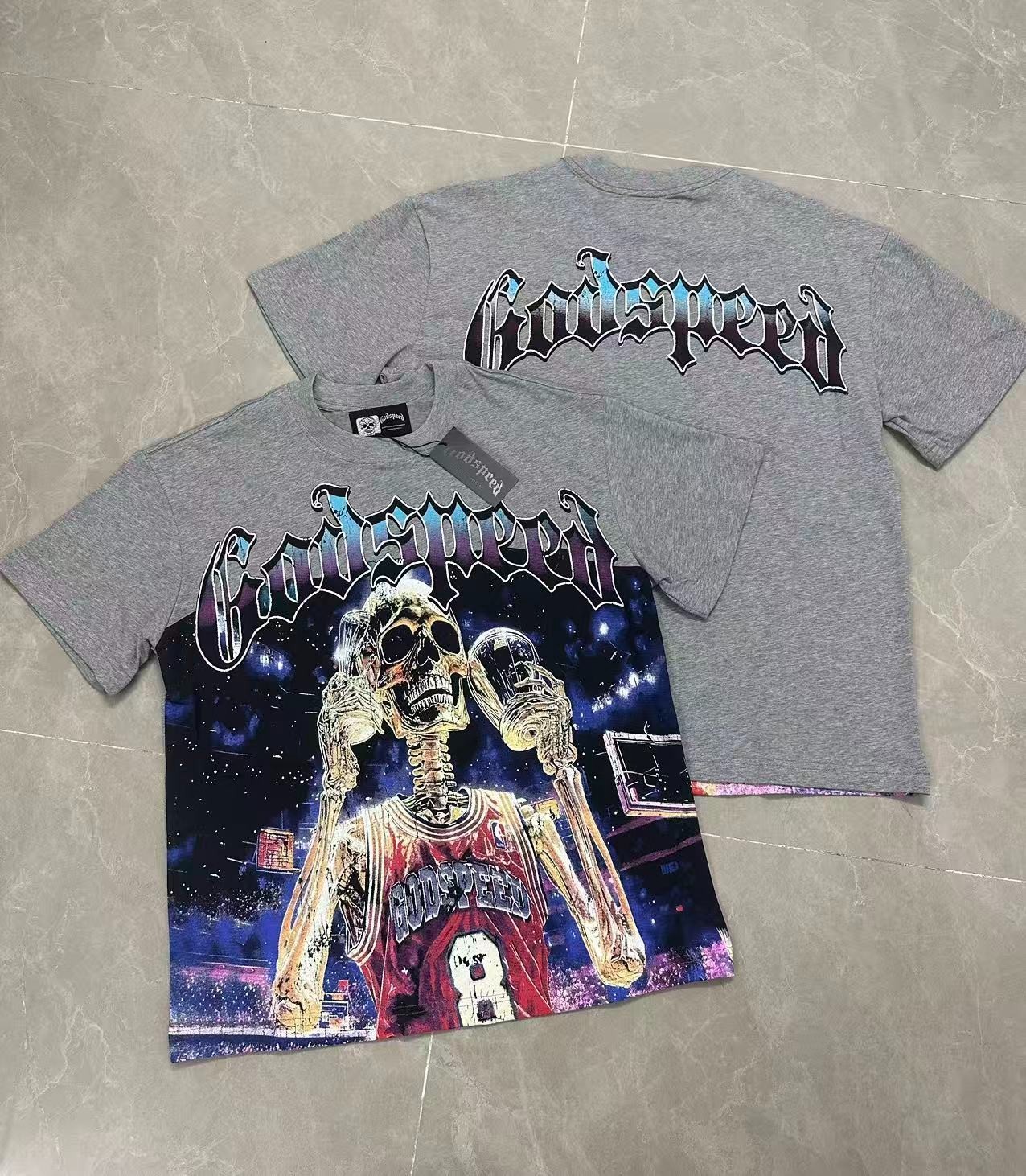 Mens NEW Godspeed Skeleton Basketball player trophy print Short sleeved T-shirt