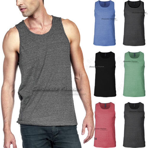 Tank Top T Shirts Muscle Sleeveless Plain Slim Fit Crew Neck Tri Blend Tee Men’s