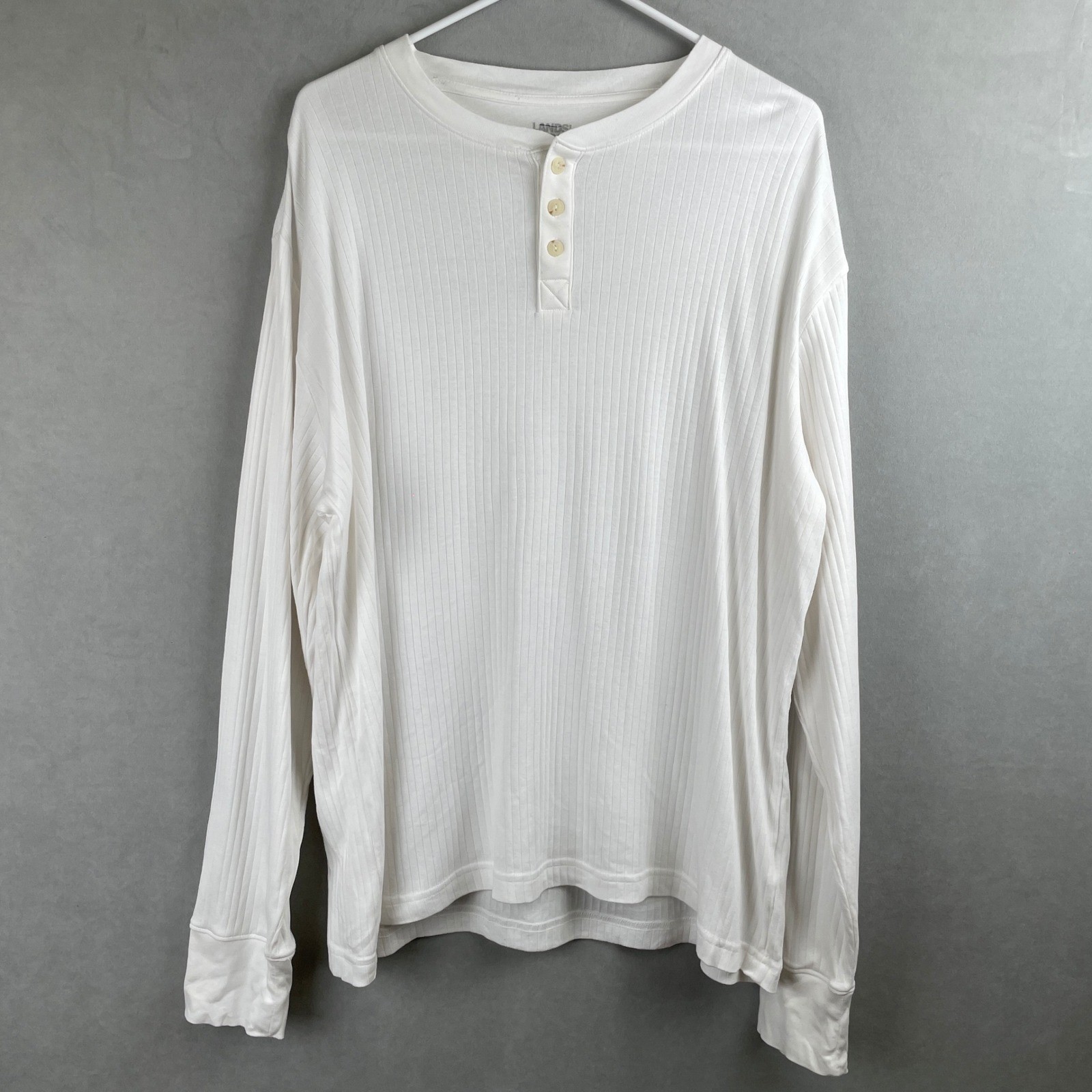 Lands End Mens White Ribbed Cotton L/S Henley Classic Basic Layer Soft Shirt L