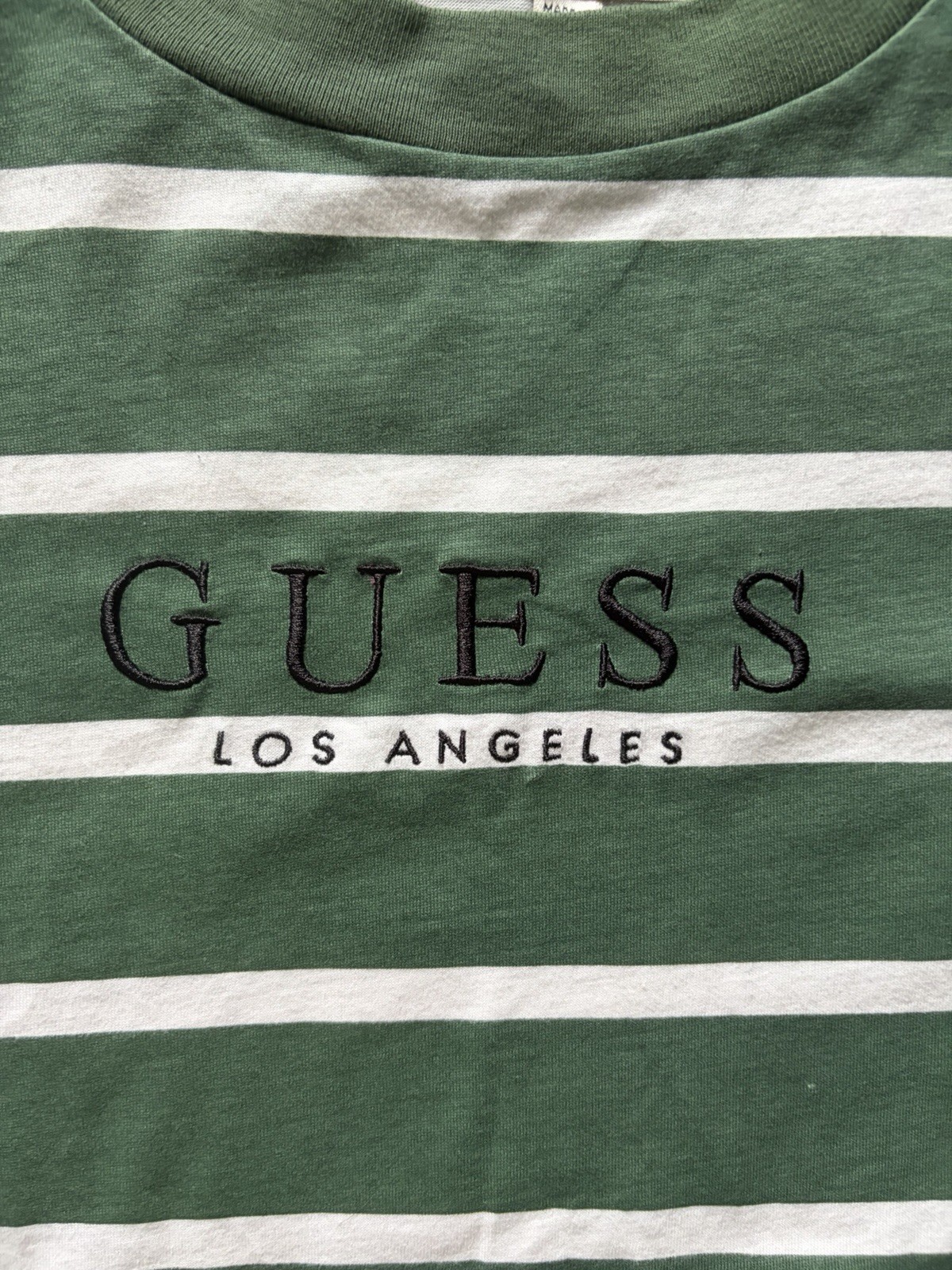 GUESS Originals Green/White Striped Logo Embroidered Crewneck T-Shirt Men’s L