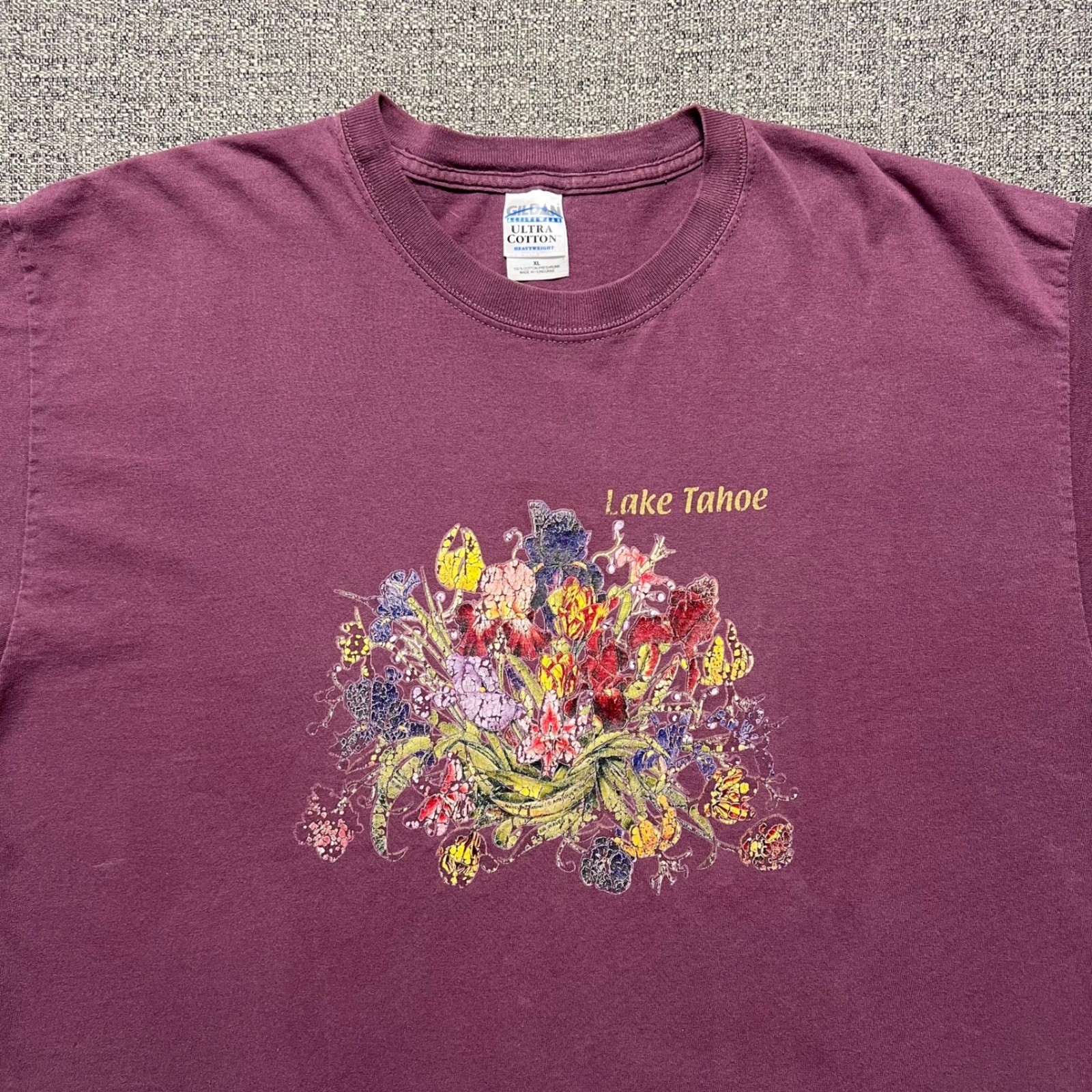 Vintage 90s Lake Tahoe Souvenir T Shirt Mens XL Burgundy Floral Graphic Cotton