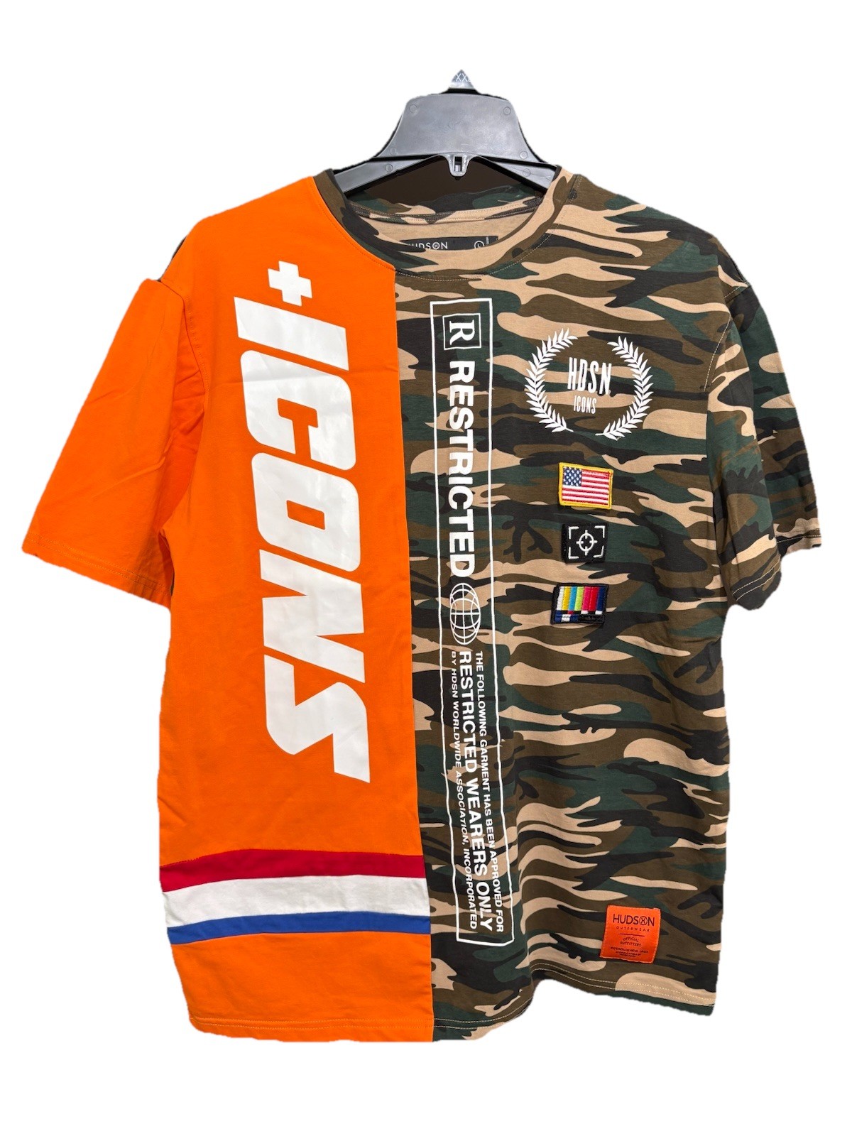 Hudson Men’s T-shirt L Is A Camouflage Print Featuring ICON and RESTRICTED AD