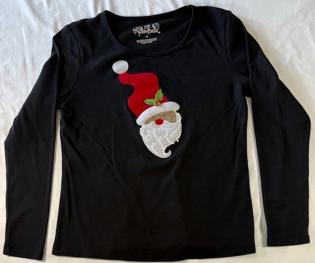 Women’s M Black T-shirt Santa Claus with Jingle Bells Embroidered by Nouveaux