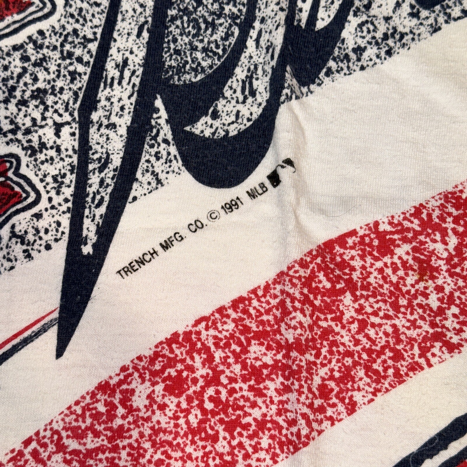 Vintage ATLANTA BRAVES All Over Print Shirt Adult Large MLB 1991 White Red Blue