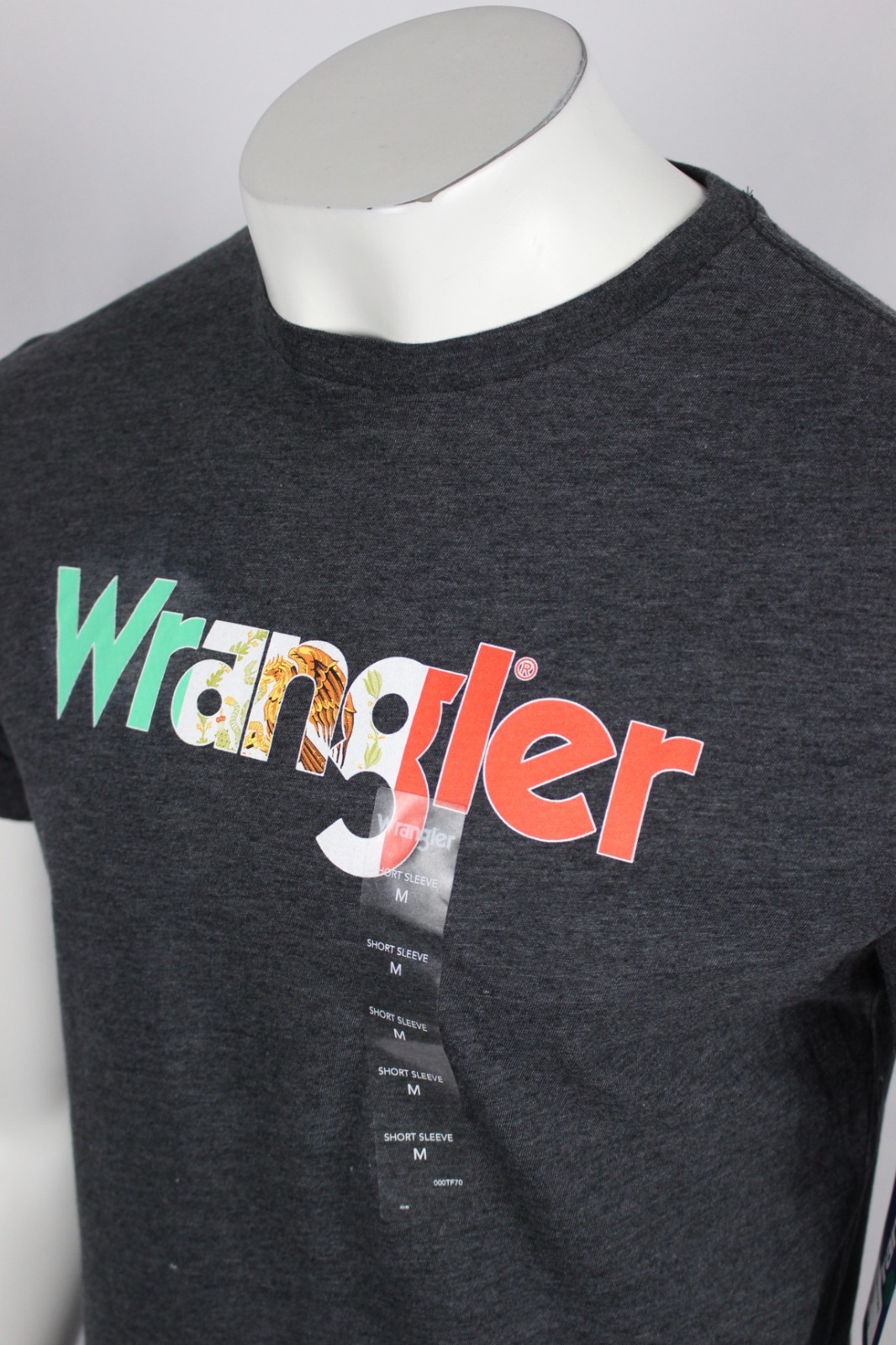 Wrangler Men’s T Shirt Mexico Flag Kabel Short Sleeve Crew Charcoal Gray Heather