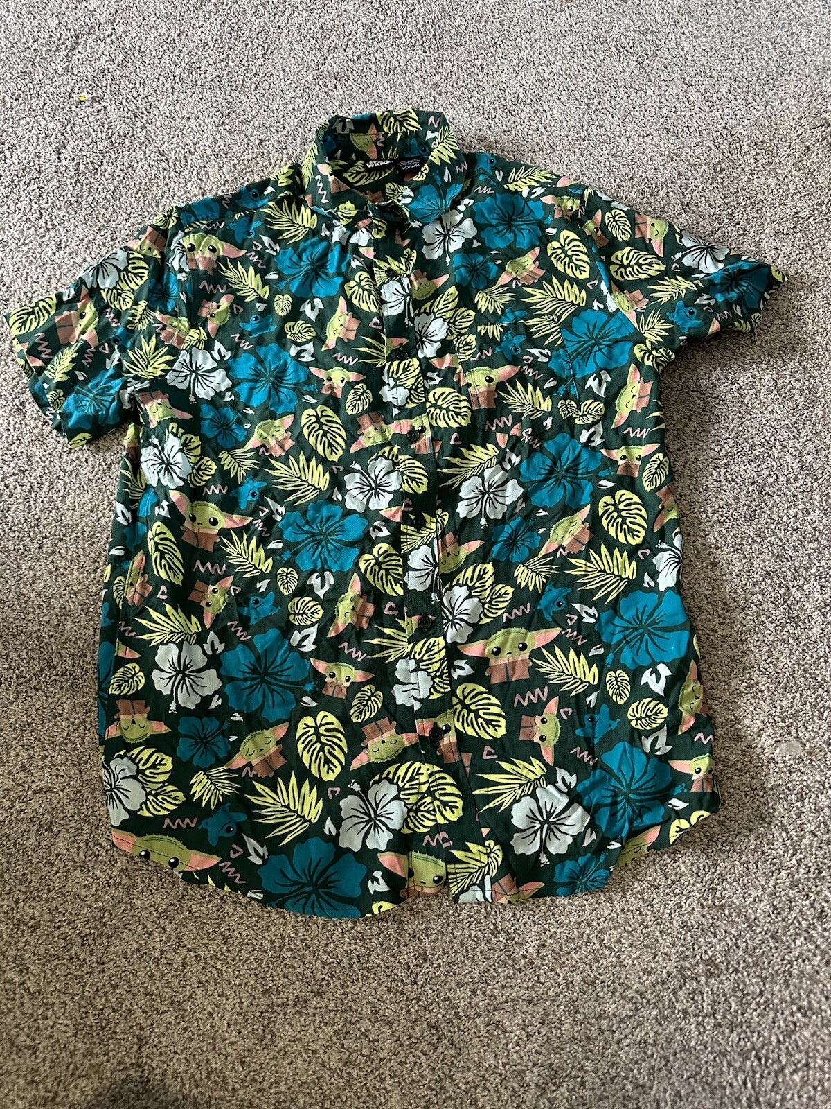 $50 Star Wars Men’s Grogu Baby Yoda Leaves Hawaiian Button Up Shirt 100% Rayon