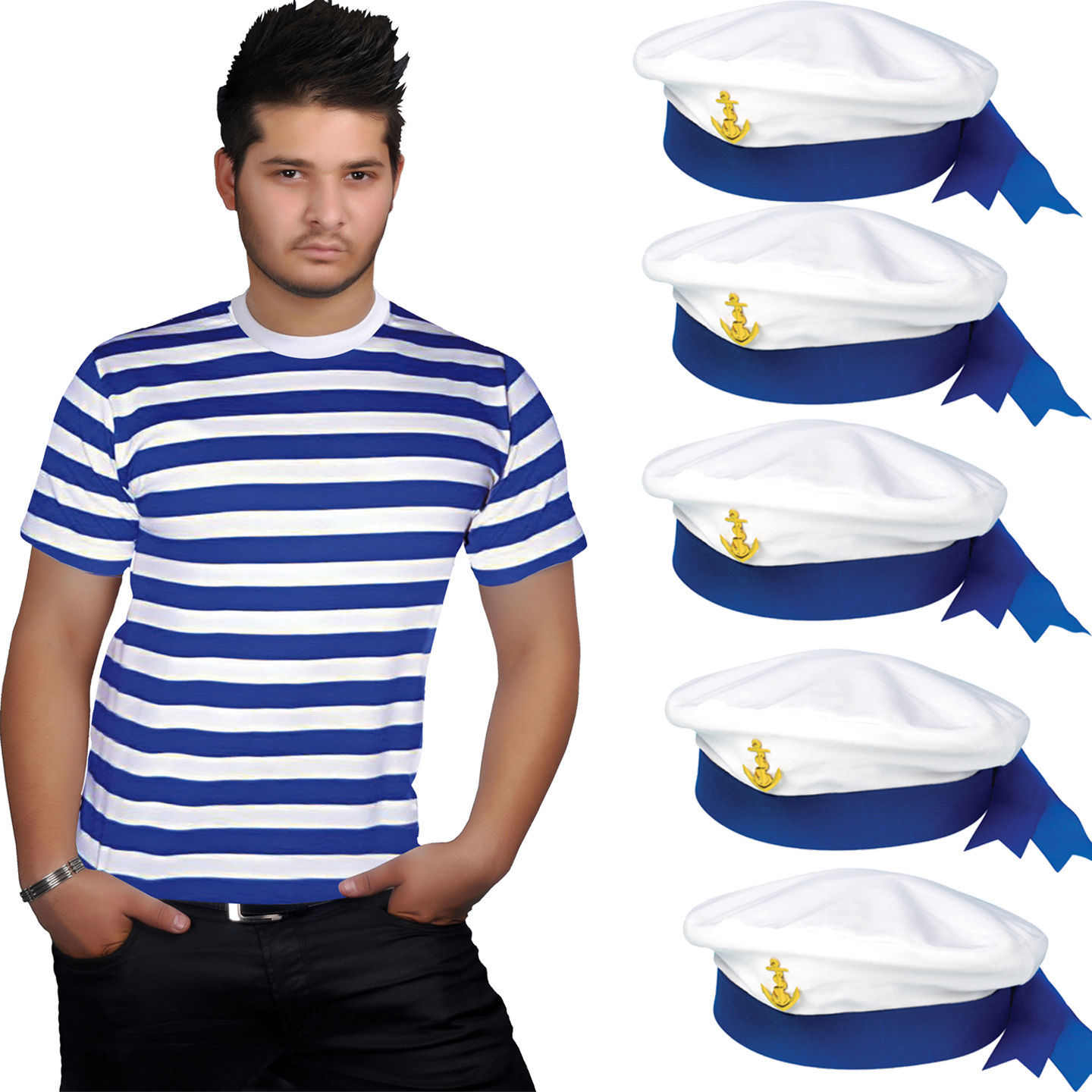 NEW MEN’S RED & WHITE BLUE STRIPE T-SHIRT HAT ADULT BOOK WEEK DAY DRESS OUTFIT