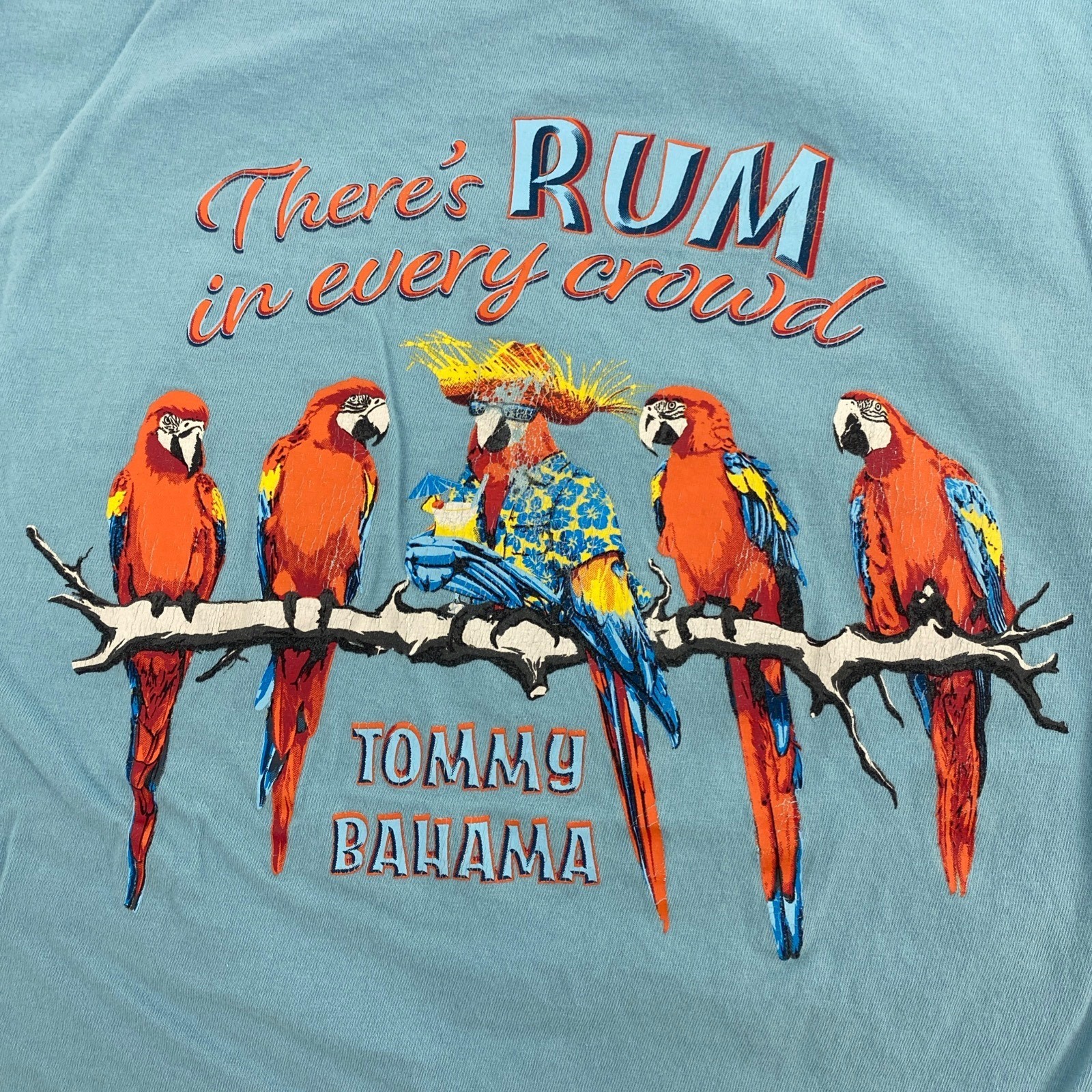 Tommy Bahama T-Shirt Mens Large Blue Rum Parrots Tropical Beach Vacation Party