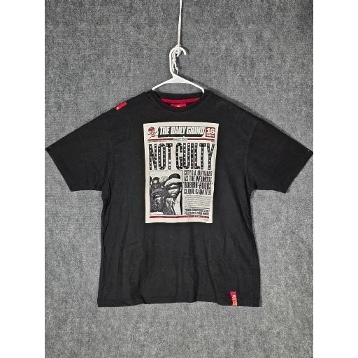 The Daily Grind Not Guilty Newspaper Graphic Black T Shirt Men’s Sz L Casual
