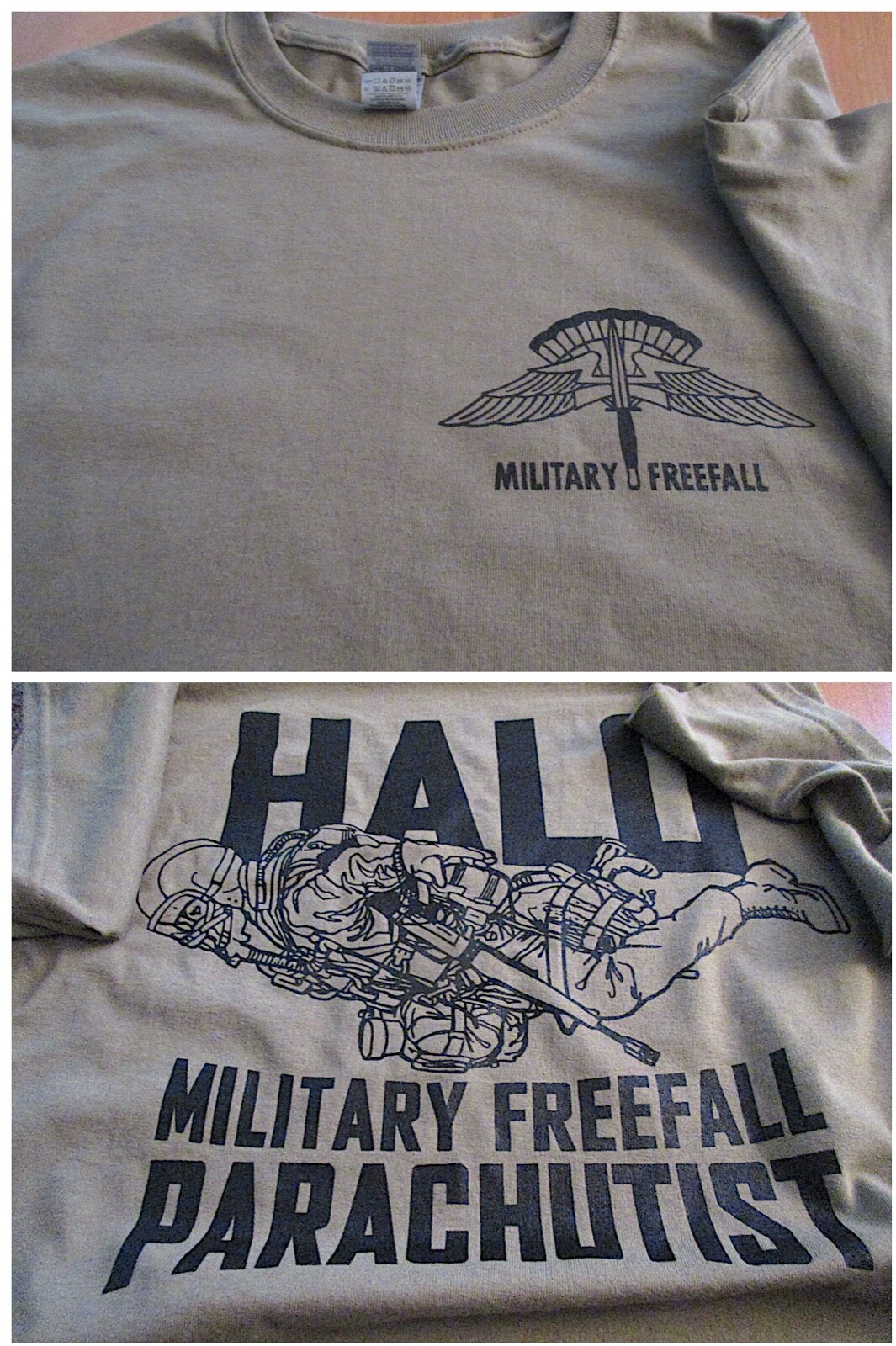 HALO Military FREEFALL Parachutist T-Shirt Large US Design Parachuting TAN