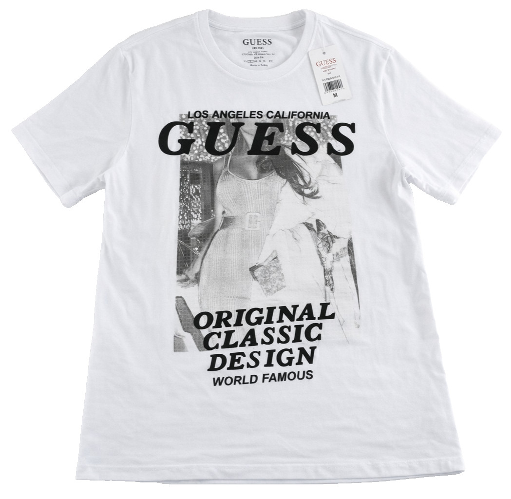 GUESS Mens T-Shirt New S White Front Graphic Logo Original Classic Design Slim
