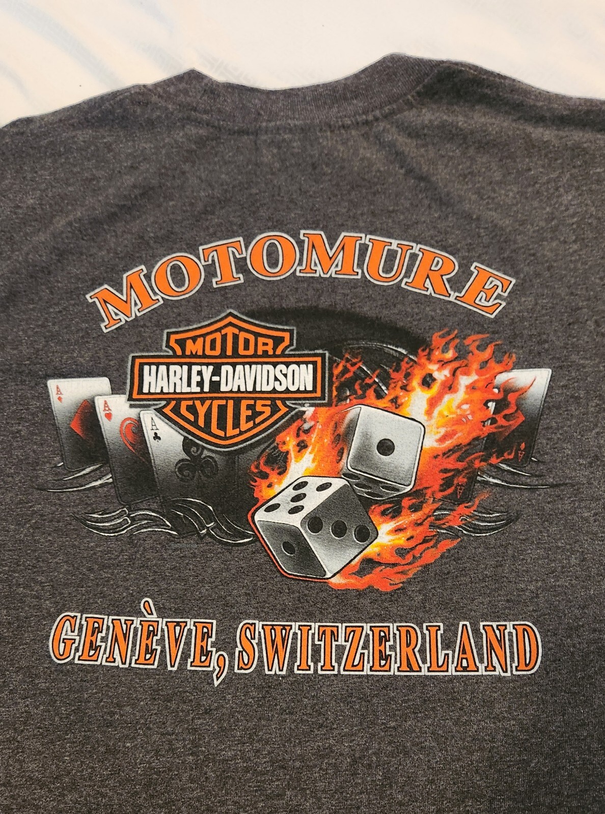 Harley Davidson Geneve Switzerland Flame Dice Short Sleeve T-shirt D. Gray – M