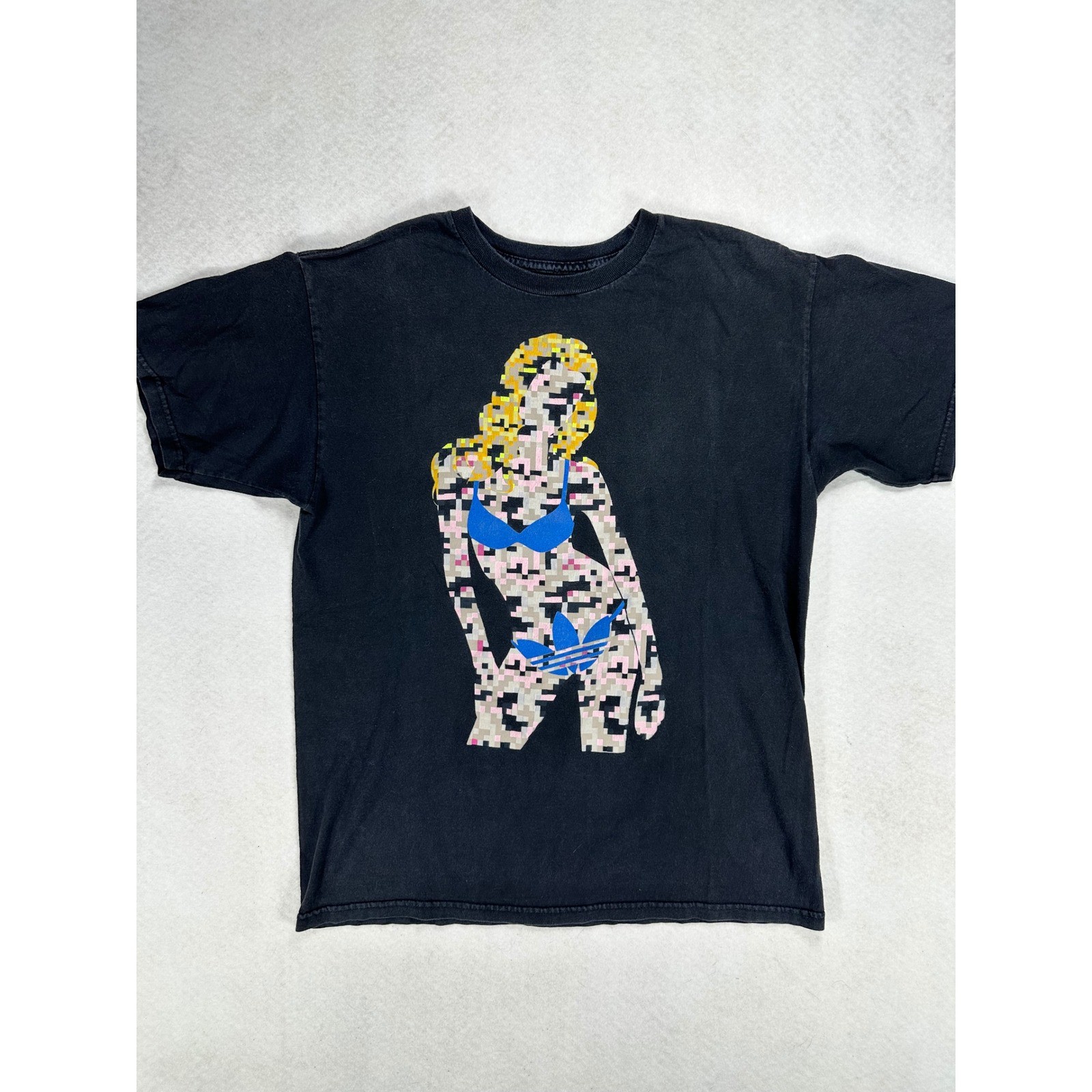 Adidas Mens Graphic T-Shirt Black Pixelated Bikini Woman Trefoil Logo Size M