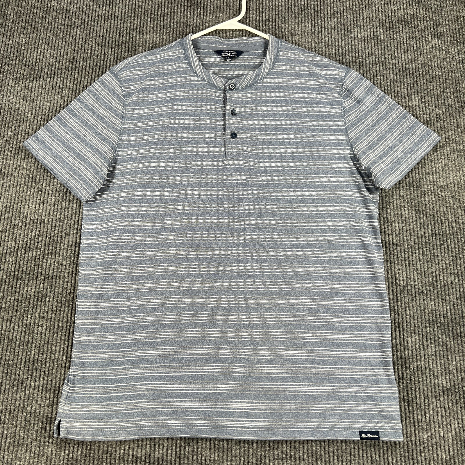 Ben Sherman Henley Shirt Mens Large Blue Striped Short Sleeve Casual Comfort