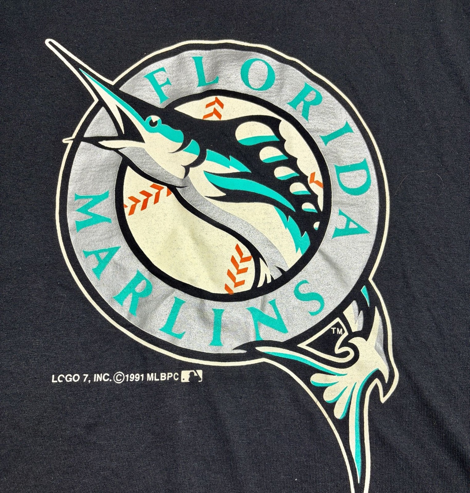 Vintage 1991 Florida Marlins Logo 7 T-Shirt Single Stitch Made in USA