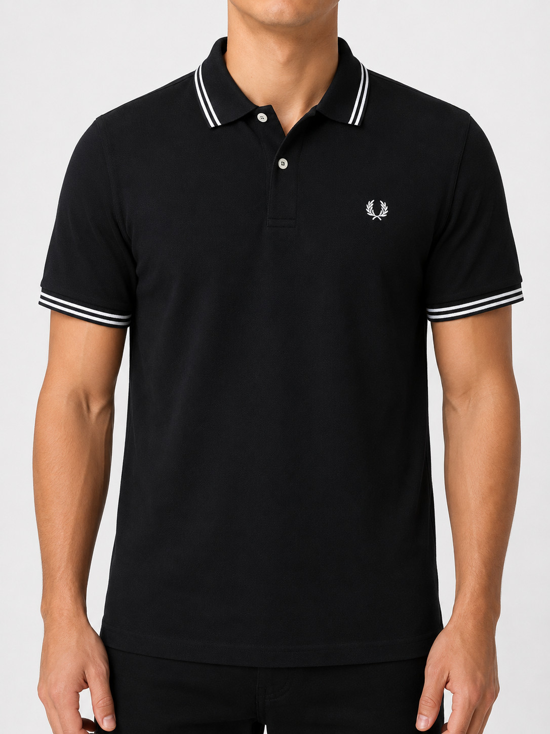 FRED PERRY Men’s Black Polo Shirt Size L Button Front Striped Collar