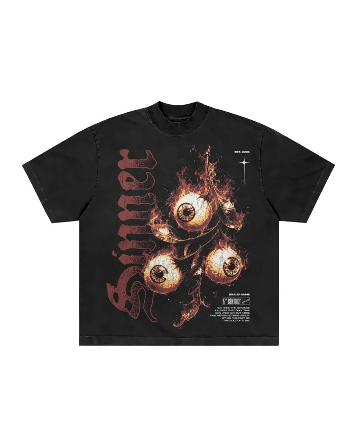 Men’s Vintage Washed Graphic T-Shirt Burning Eyeball Print Gothic Streetwear Tee