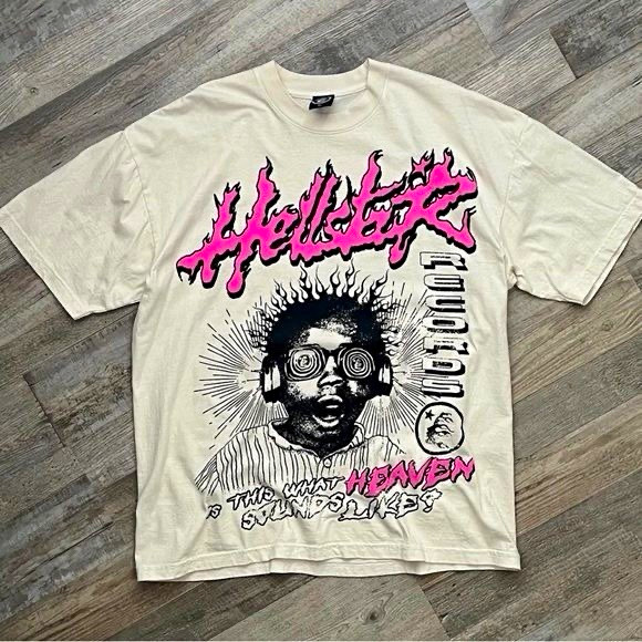 Men’s Beige Graphic Hellstar Print T-Shirt Crew Neck Short Sleeve Size M