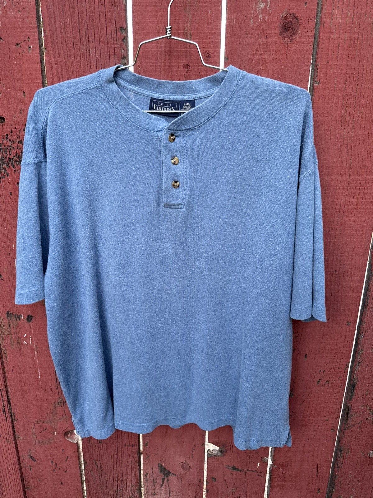 Vintage Basic Editions Blue Henley Shirt Grunge Boxy Preppy 100% Cotton Y2K 90s
