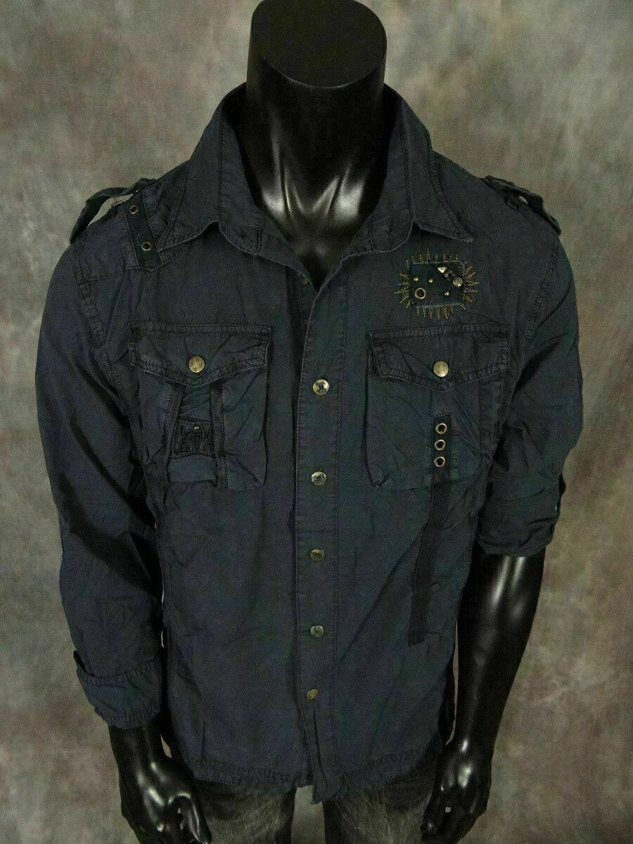 Mens Safari Button Shirt Pleated Pockets Studded Accents with Pin-Up Sleeves