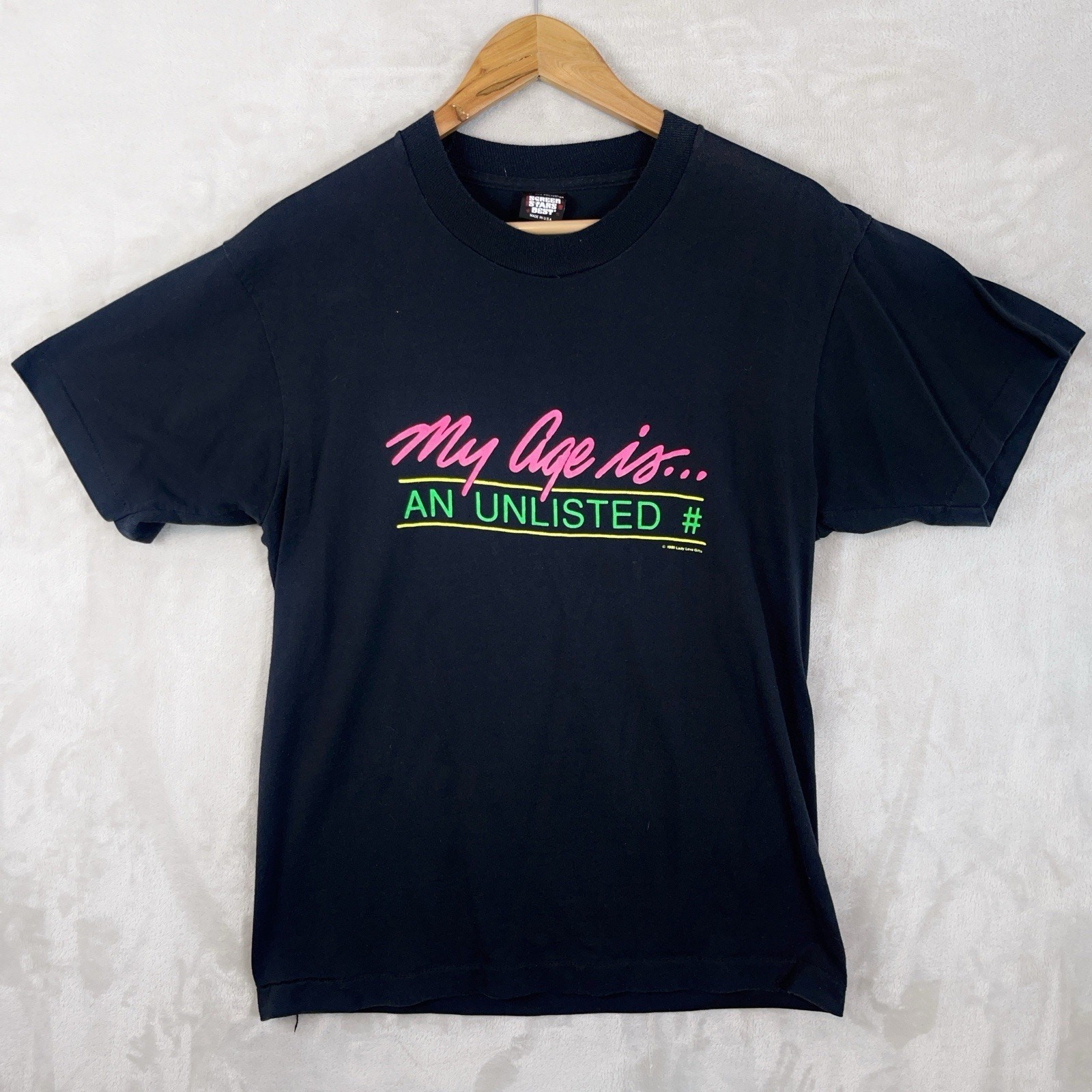 Vintage 90s Screen Stars Best T Shirt Men’s Large My Age Unlisted Neon USA Made