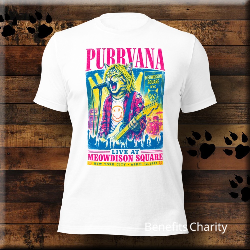 Purrvana – 90s Retro-Vintage – Animal Parody Music Band Tee